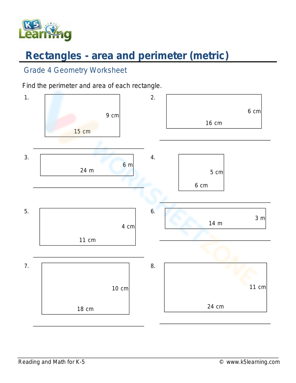 Calculating Area & Perimeter of Rectangles - Page 1