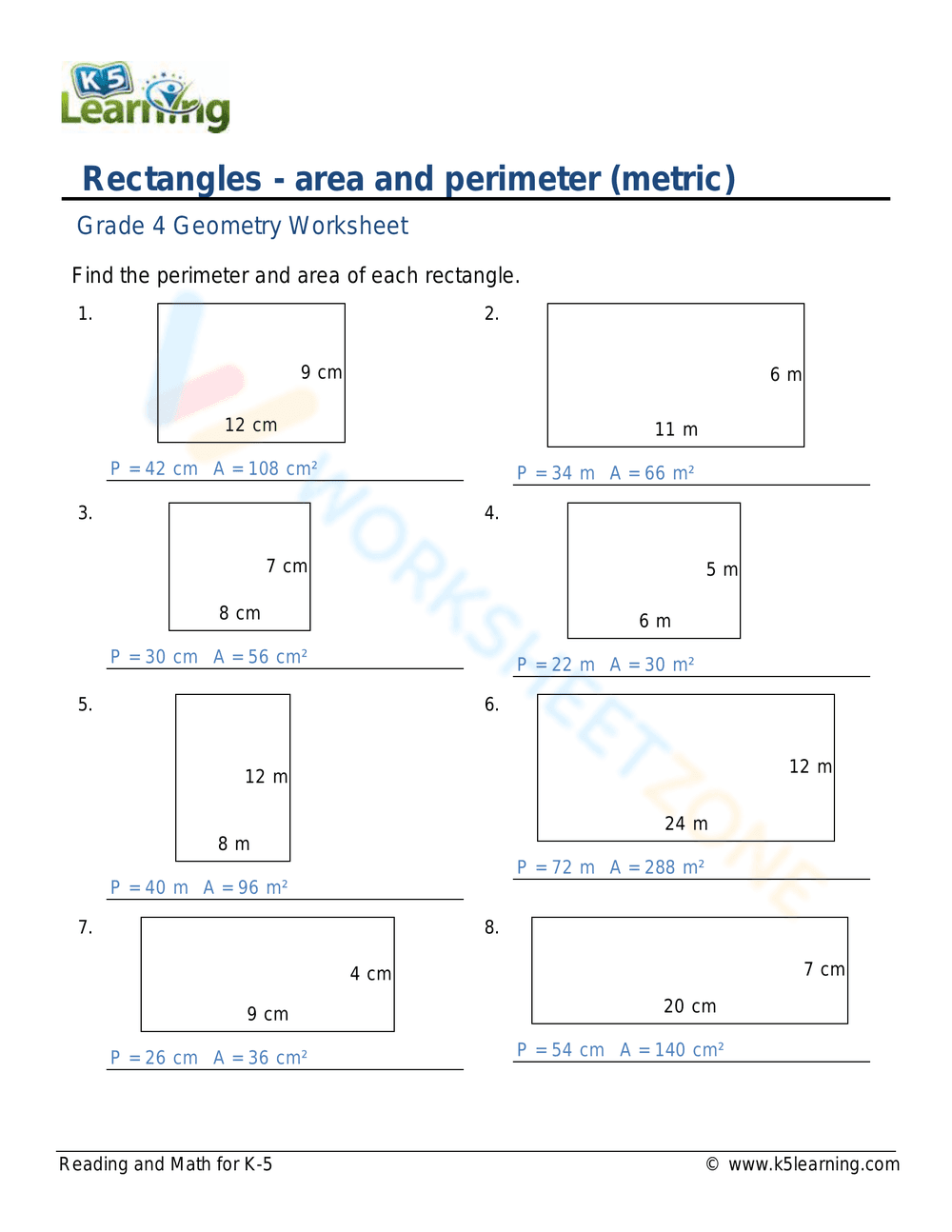 Rectangles - area and perimeter (metric) - Page 2