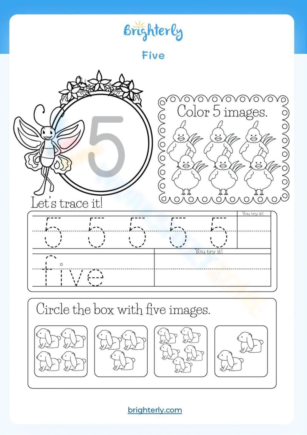 Trace Number 5: Handwriting Practice Worksheet - Page 1