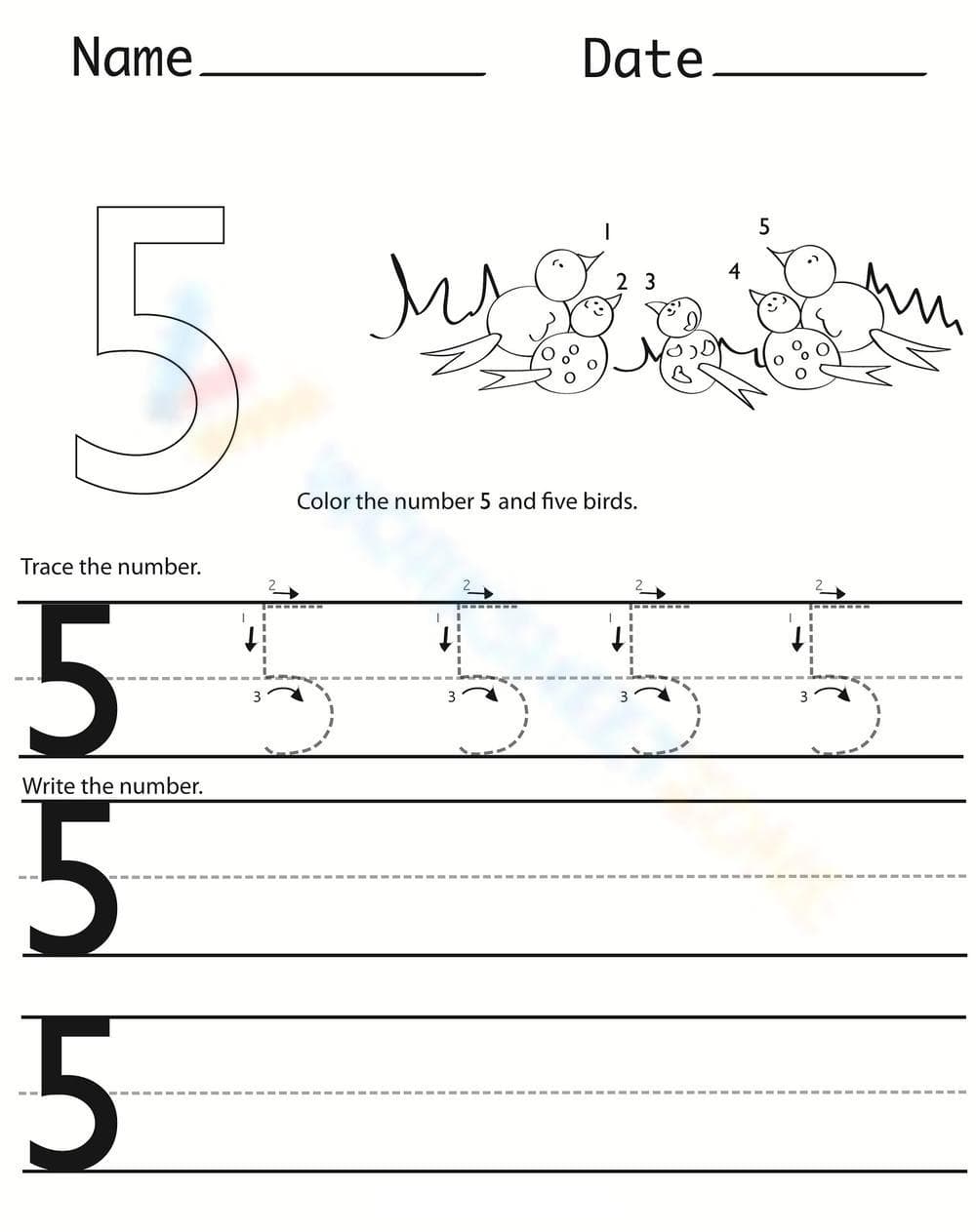 Trace Number 5: Handwriting Skills Worksheet - Page 1