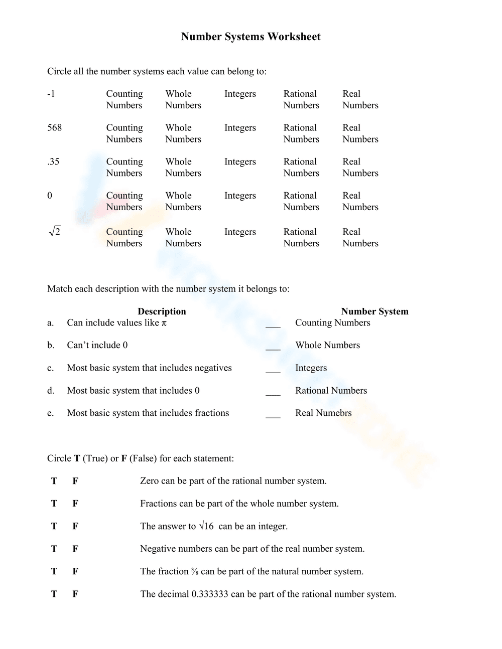 Components of the Real Number System Worksheet - Page 2