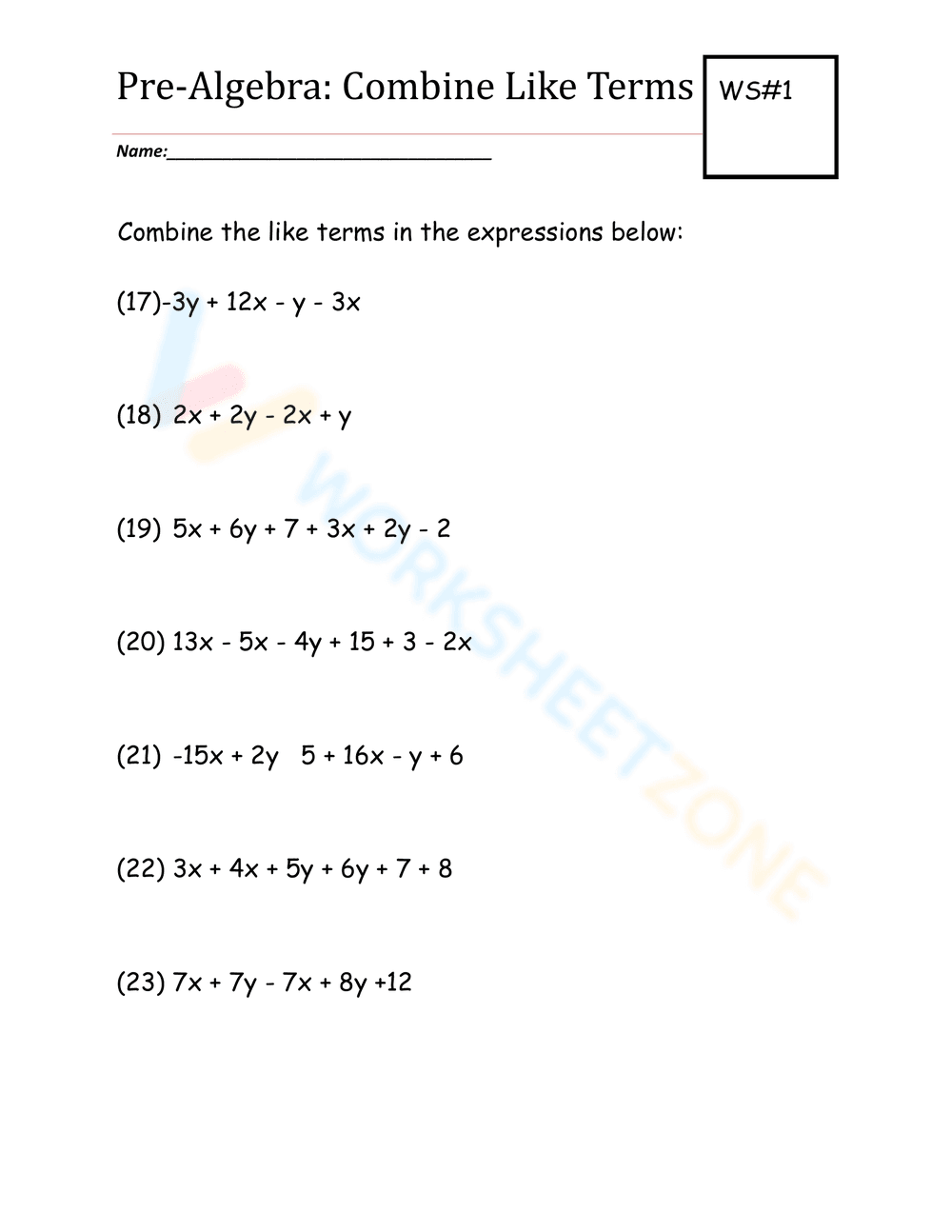 Pre-Algebra: Combining Like Terms Practice - Page 2