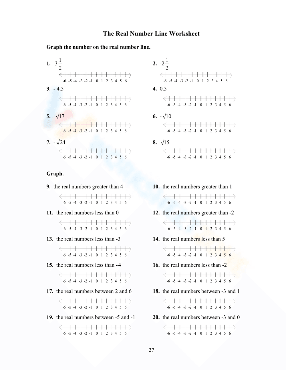 The Real Number Line Worksheet: Visualizing Numbers - Page 1