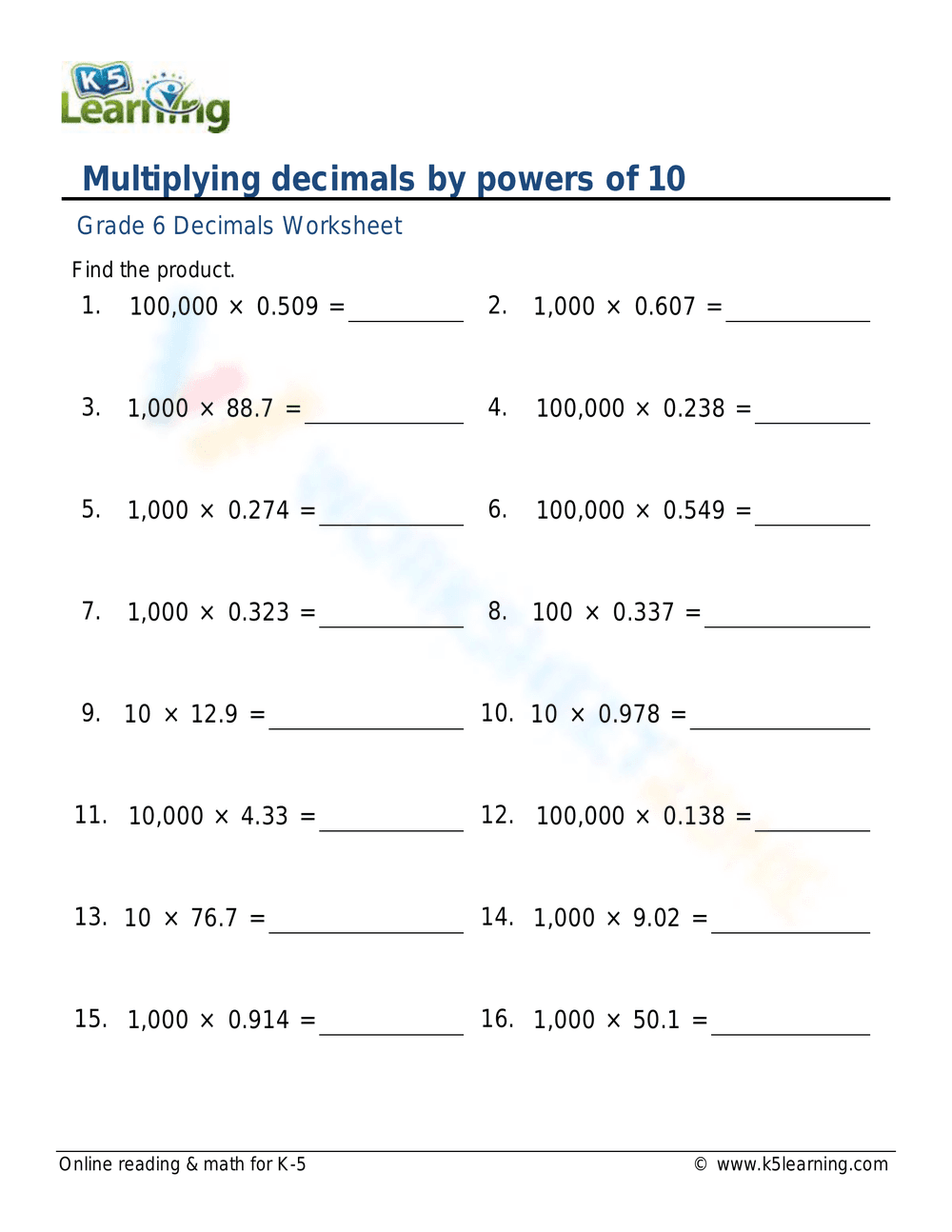 Multiplying Decimals by Powers of 10 Practice - Page 1