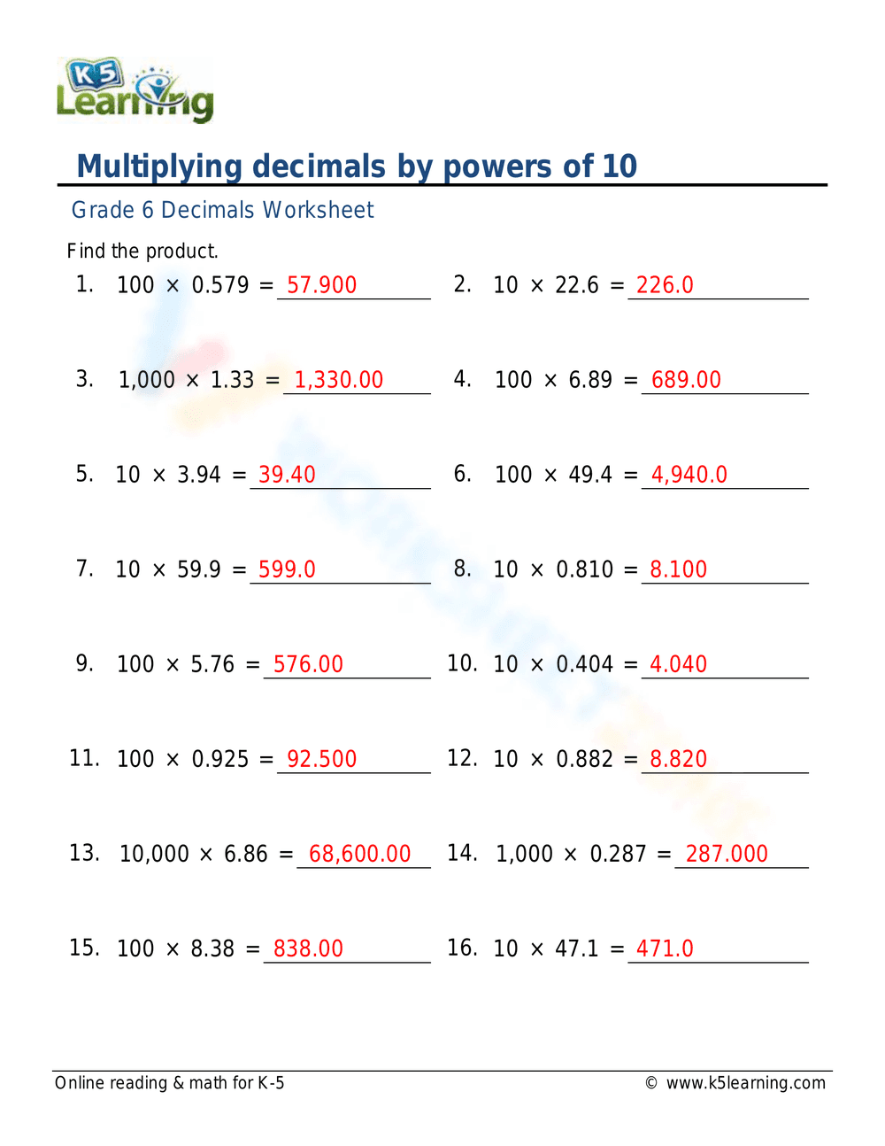 Multiplying by Powers of 10 Practice Sheet - Page 2