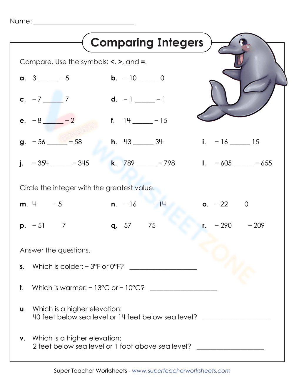 Comparing Integers Worksheet: Greater or Less - Page 1