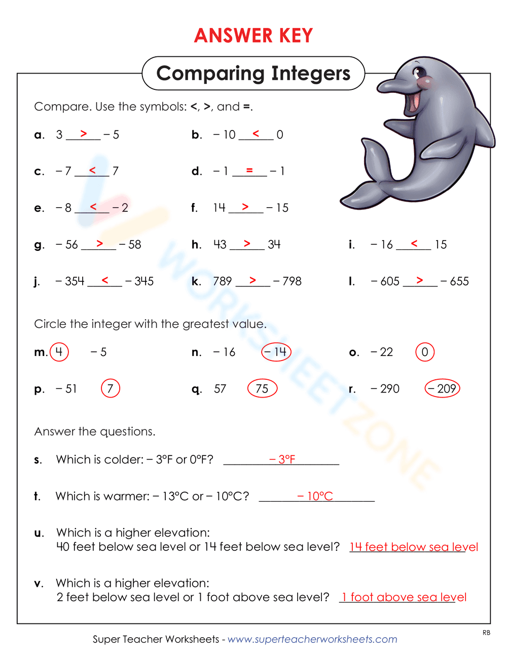 Comparing Integers Worksheet: Greater or Less - Page 2