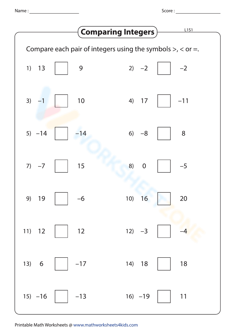 Comparing Integers Practice: Number Comparison - Page 1