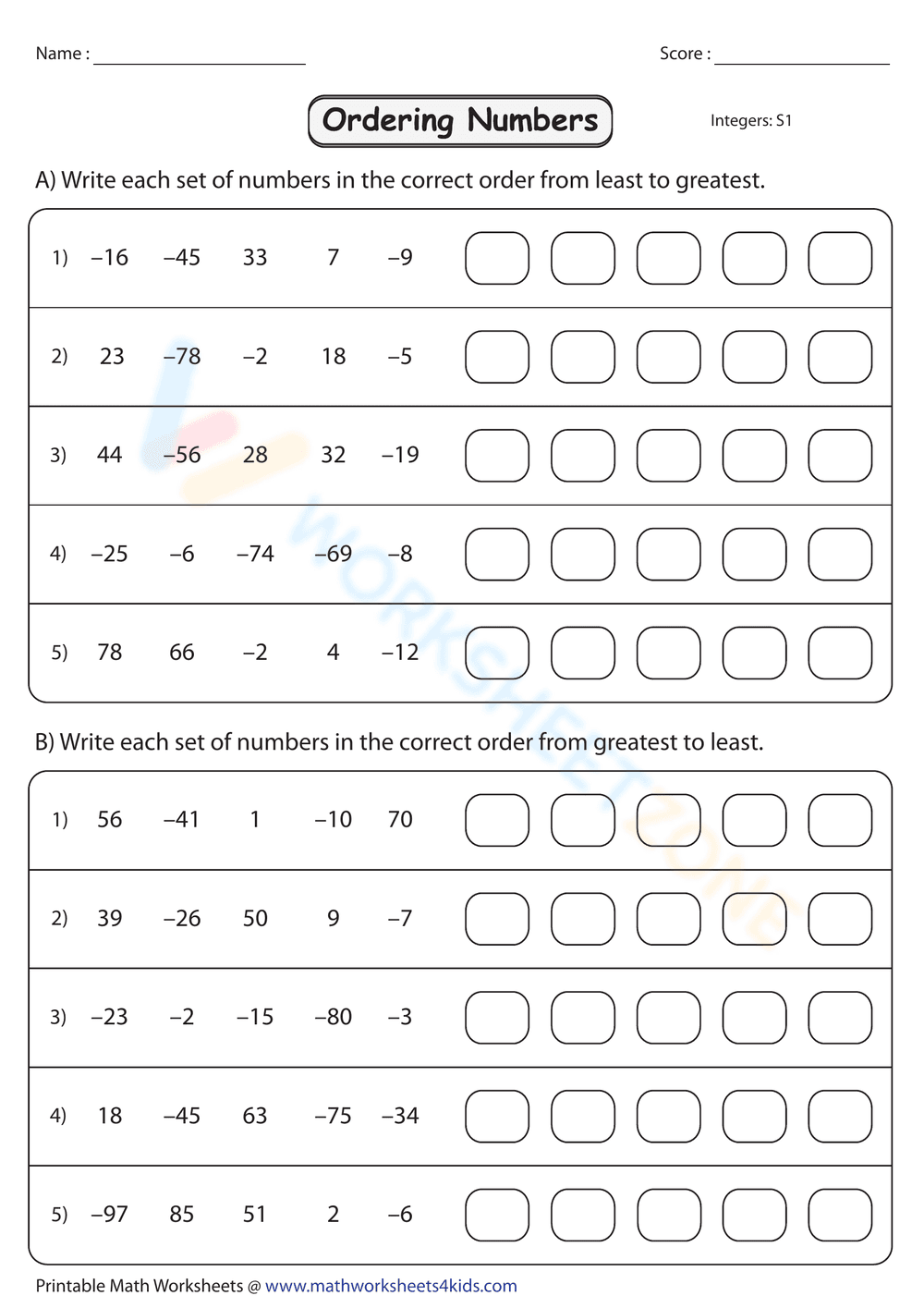 Ordering Integers Standard Practice - Page 1