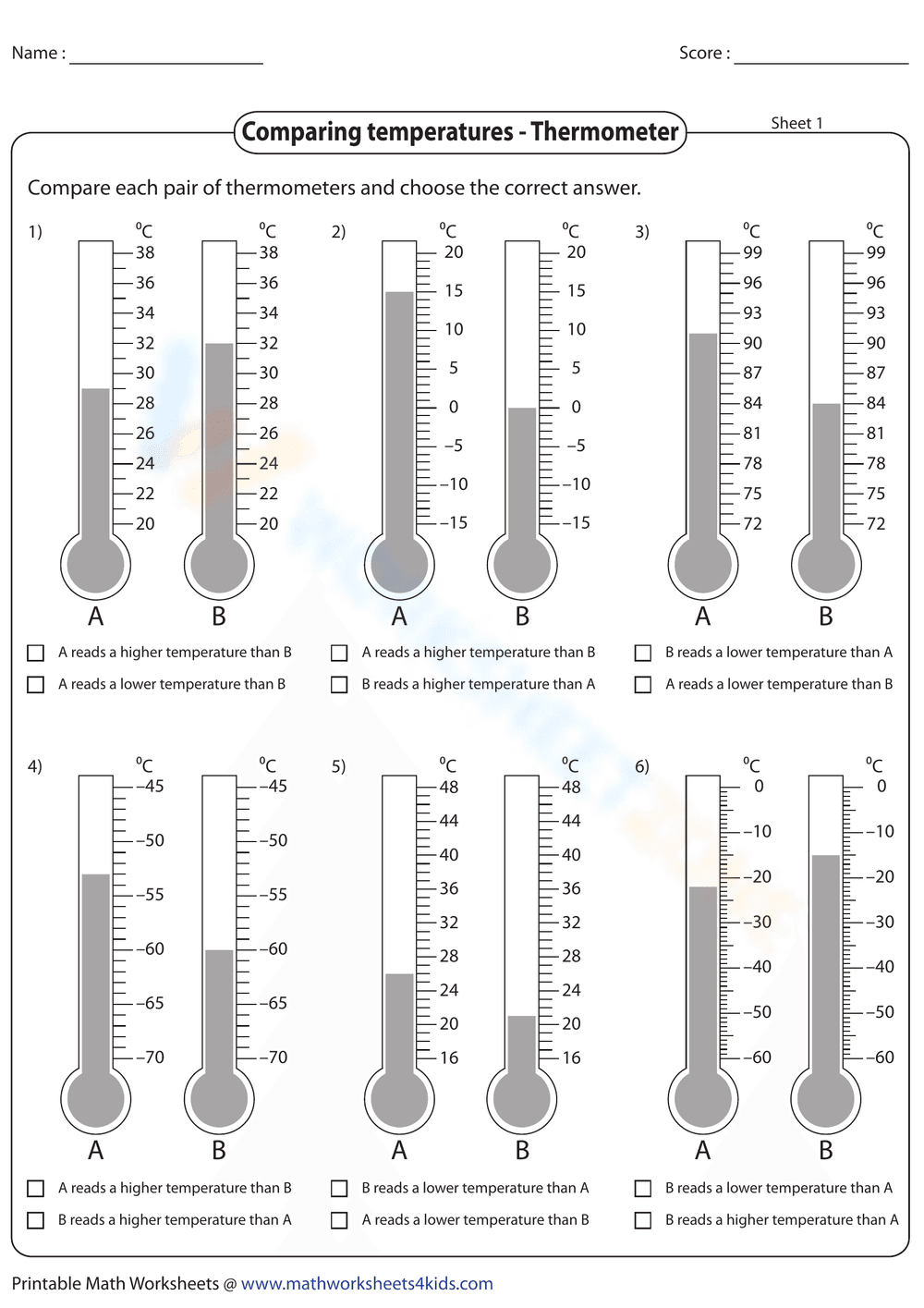 Comparing Temperatures with Thermometers Worksheet - Page 1