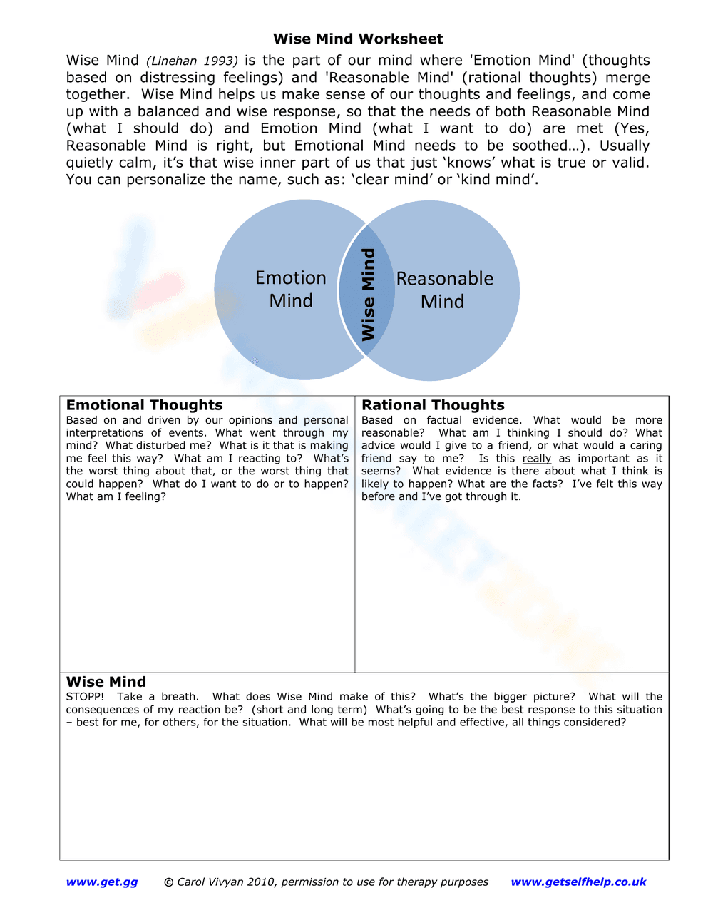 Wise Mind Worksheet: Developing Inner Wisdom - Page 1