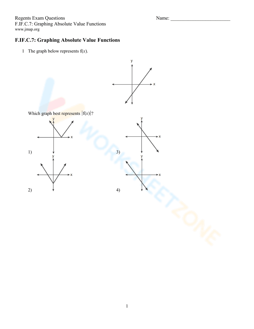 Graphing Absolute Value Functions Worksheet - Page 1