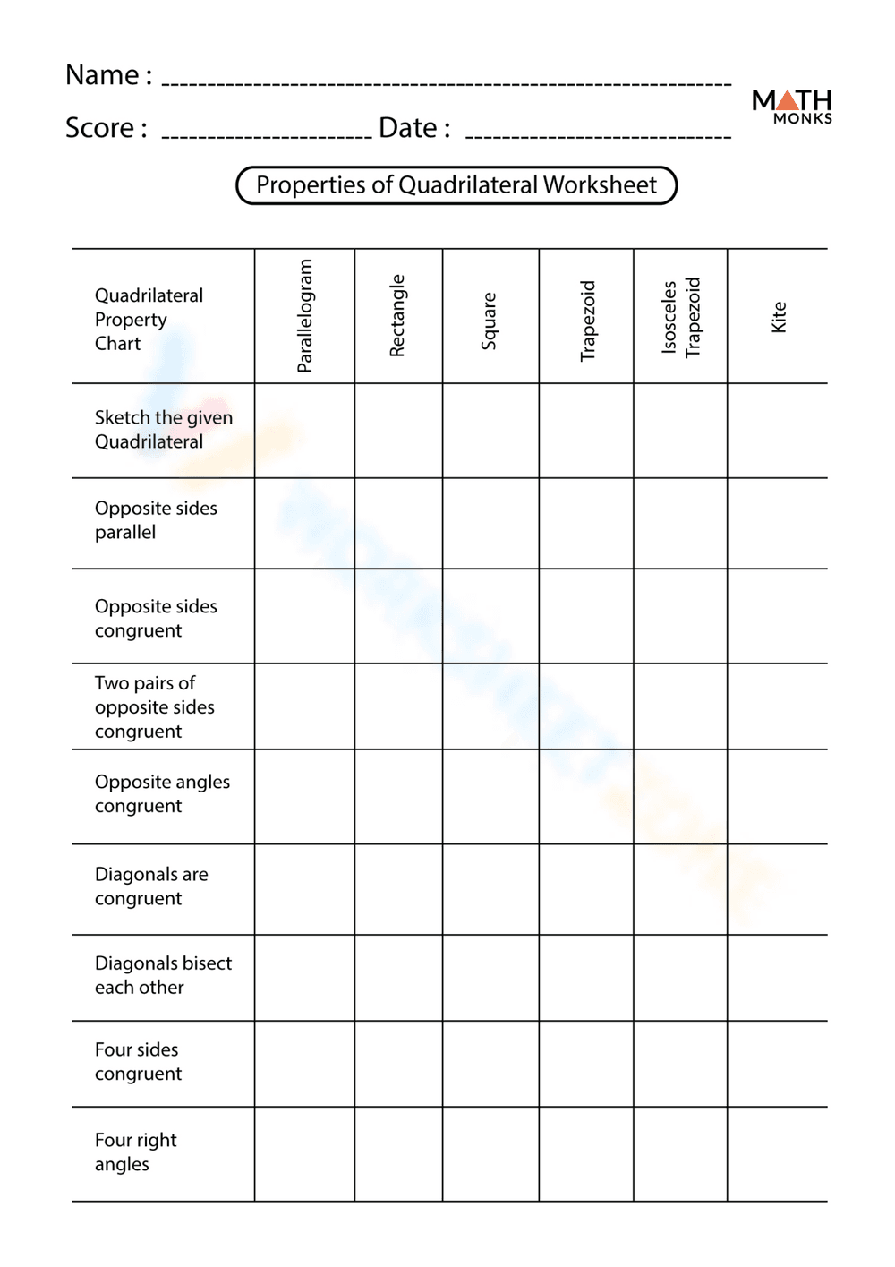 Quadrilaterals Properties Worksheet - Page 1
