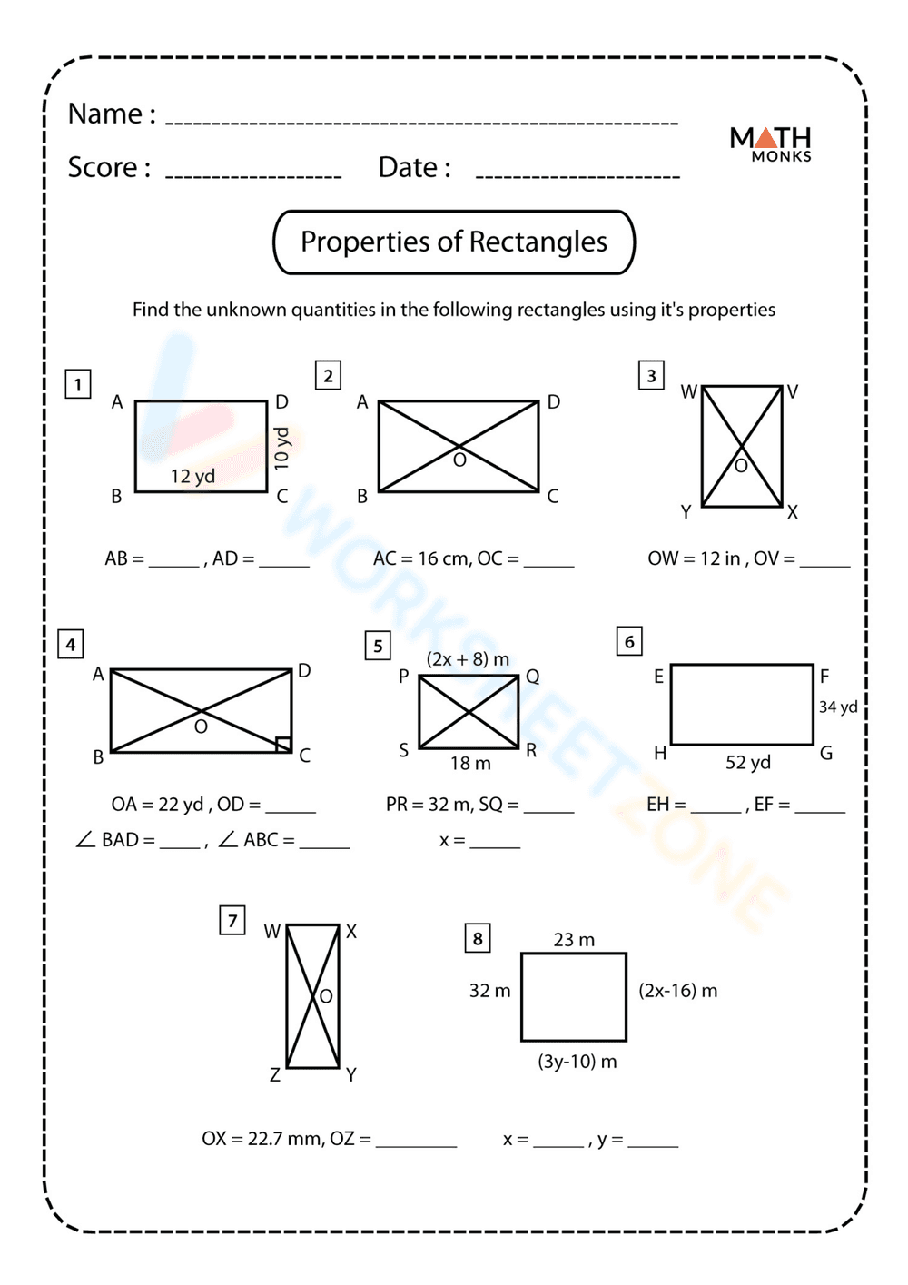 Properties of Rectangles Worksheet - Page 1