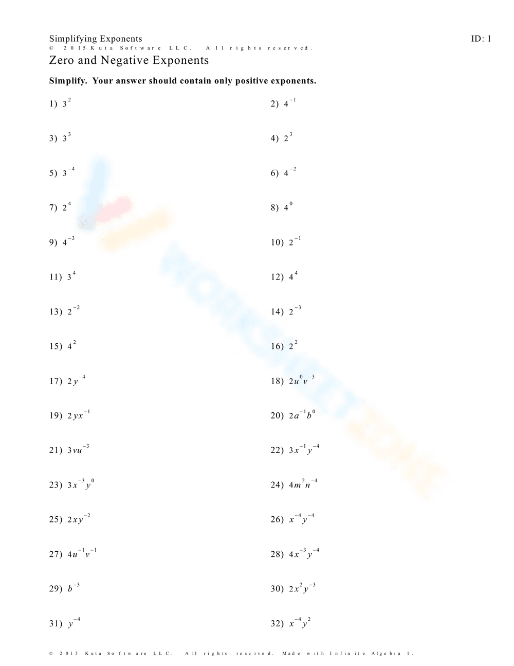 Zero and Negative Exponents Practice - Page 1