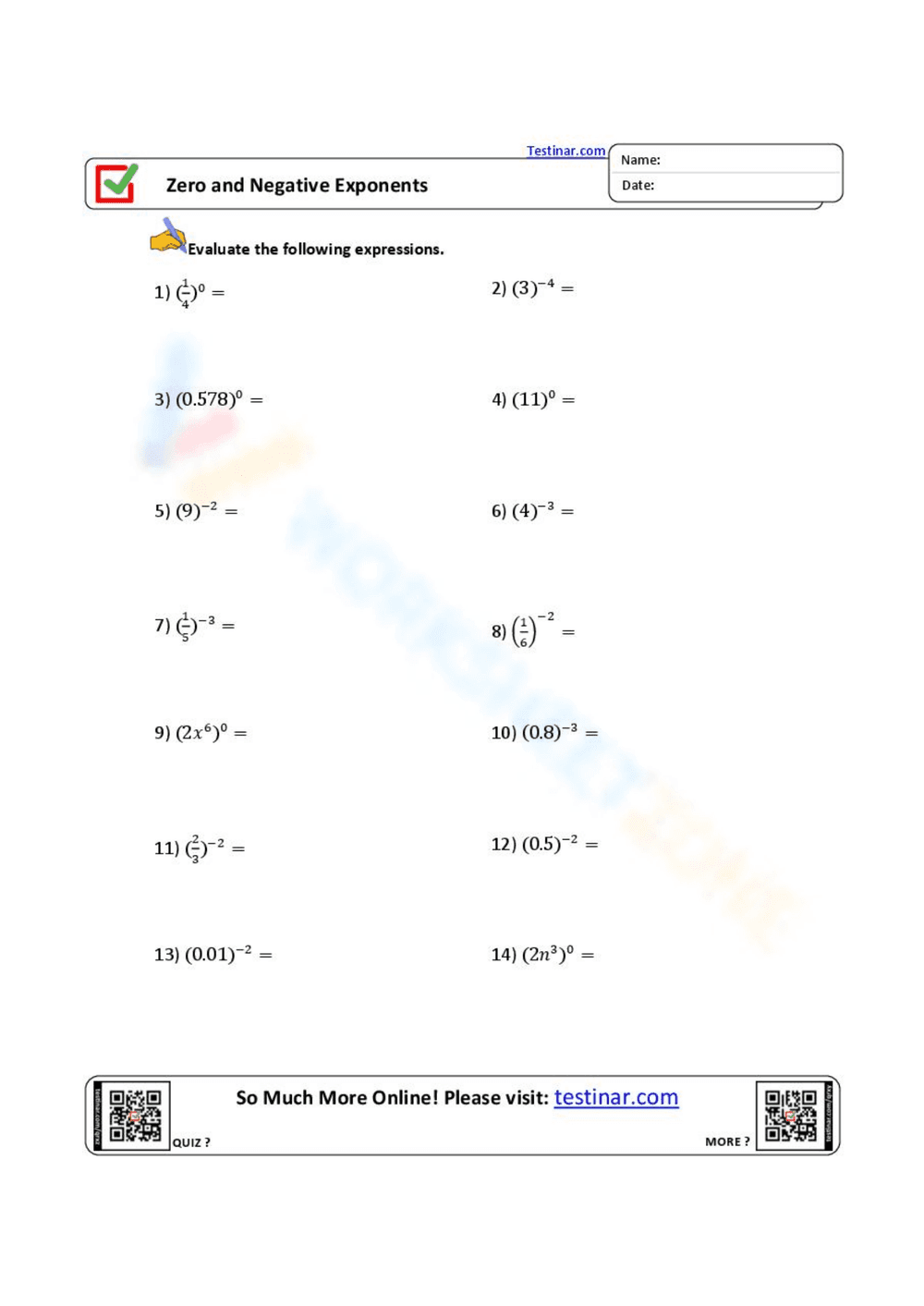 Zero and Negative Exponents Practice Sheet - Page 1