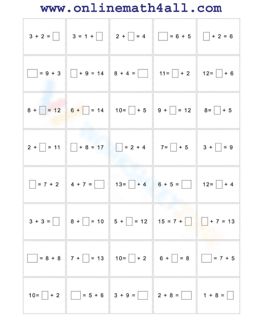 Missing Addend Worksheet - Page 1
