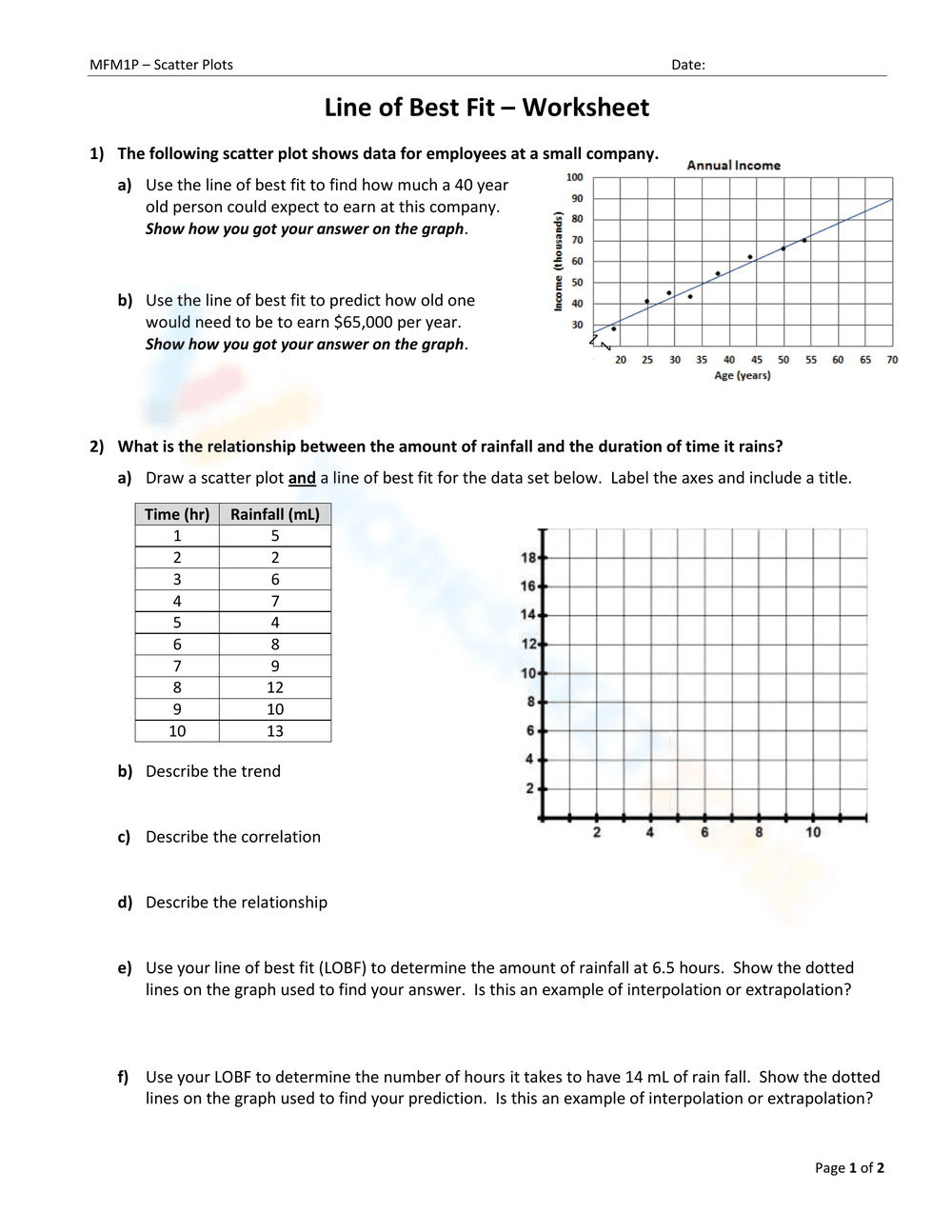 Line of Best Fit: Data Analysis Worksheet - Page 1