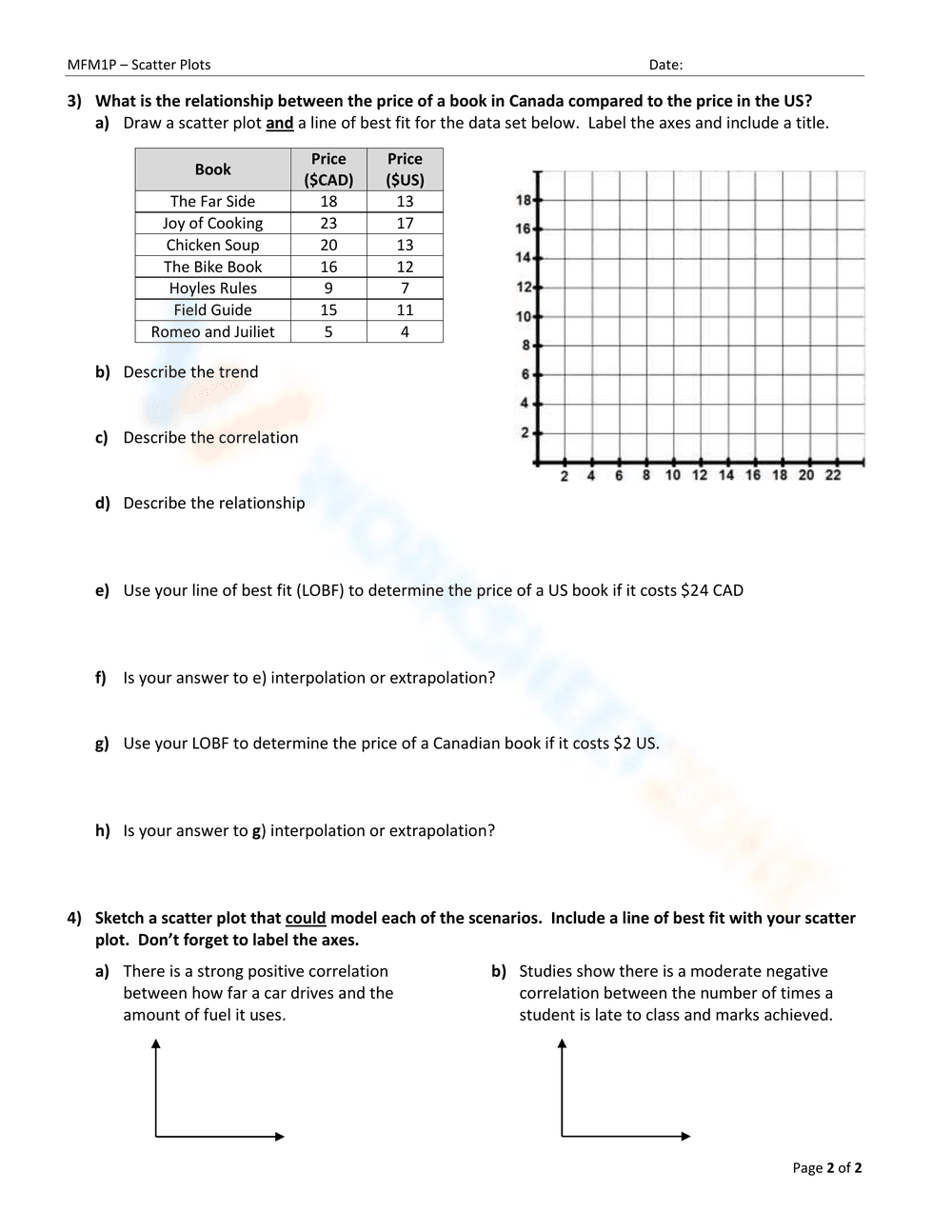 Line of Best Fit: Data Analysis Worksheet - Page 2