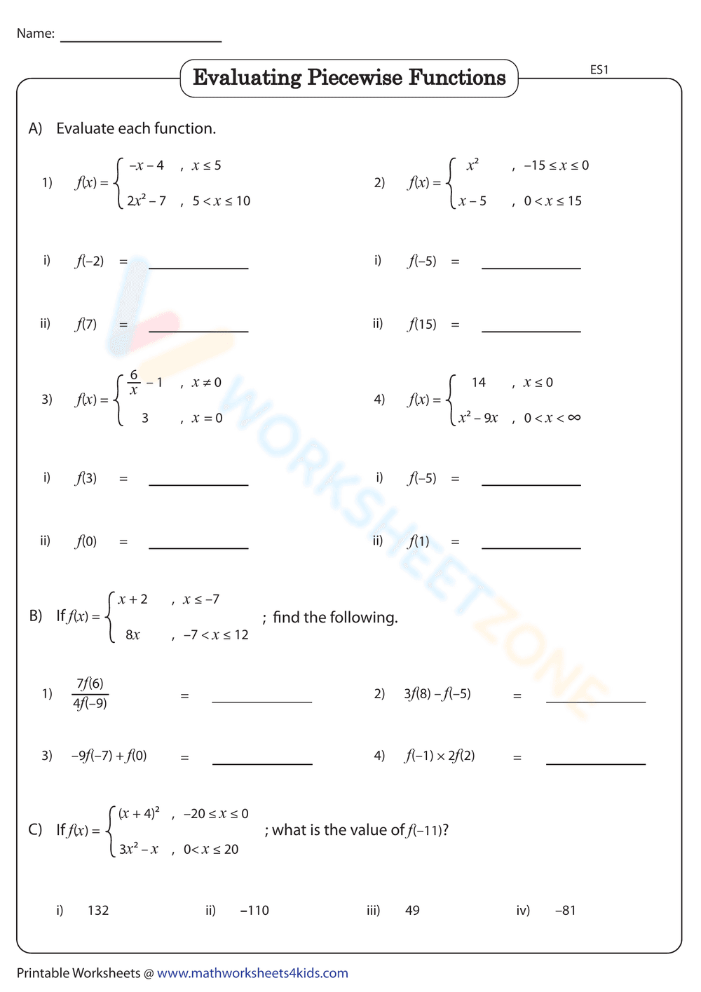 Evaluating Piecewise Functions Practice - Page 1