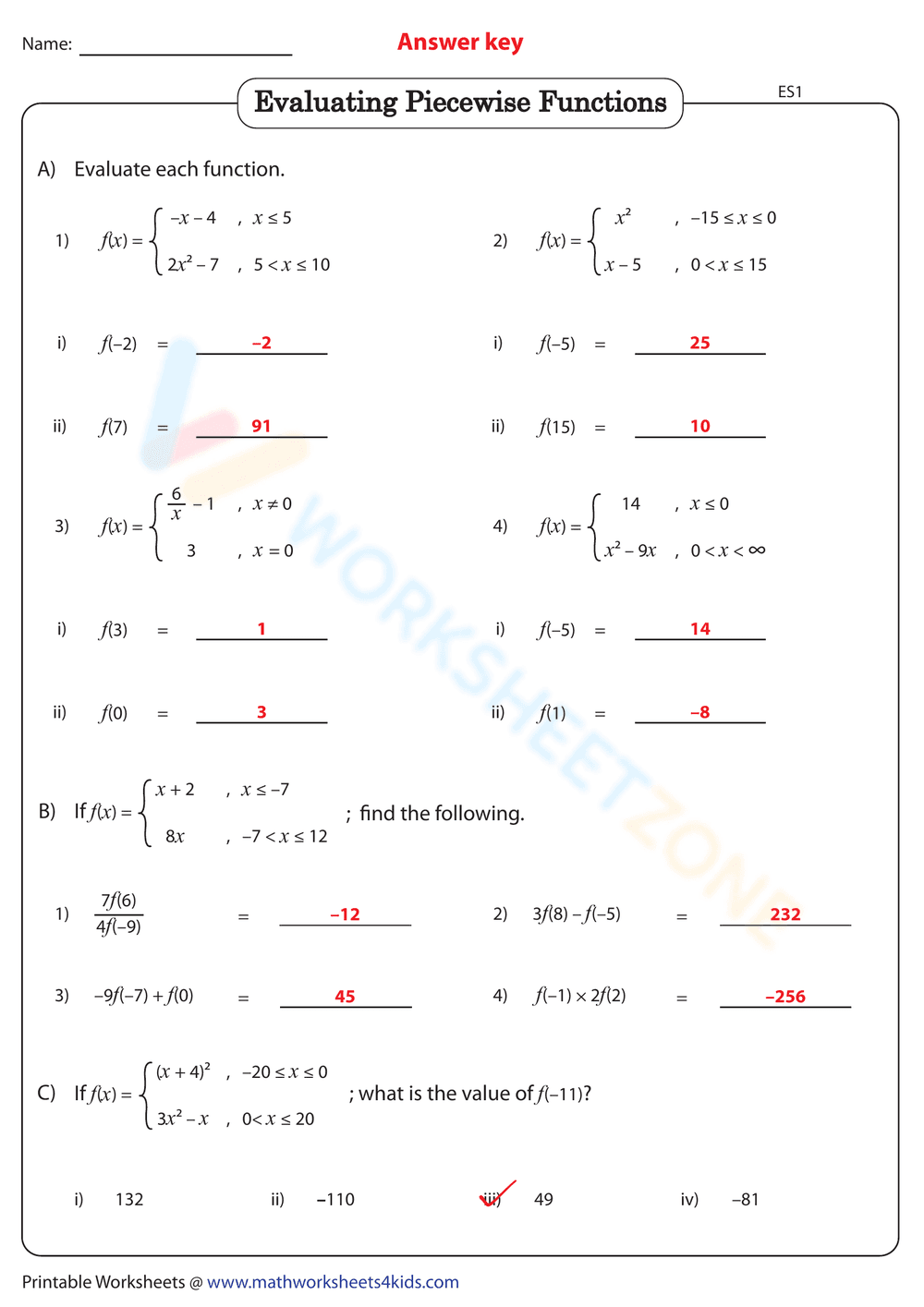 Evaluating Piecewise Functions Practice - Page 2