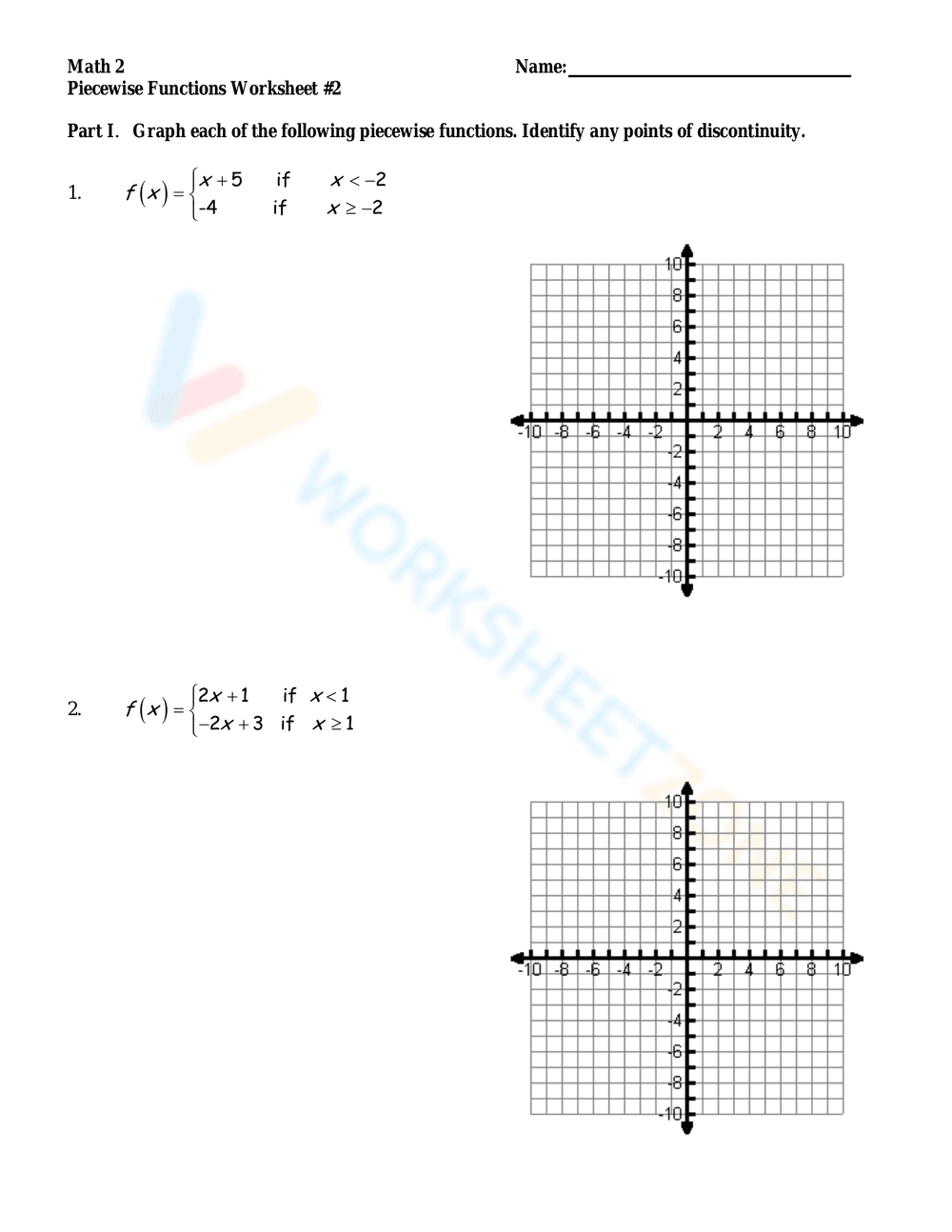 Piecewise Functions Practice Worksheet - Page 1