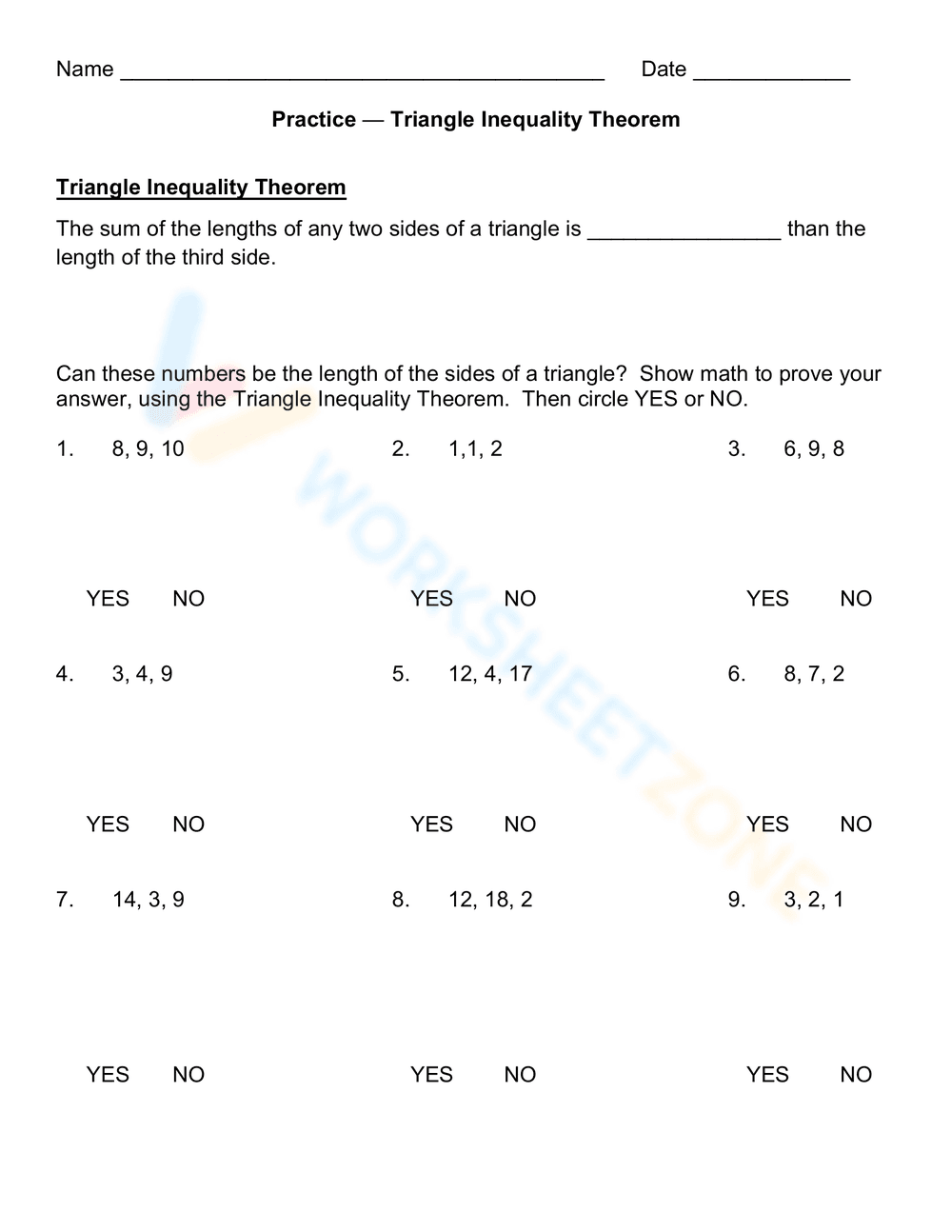 Triangle Inequality Theorem Practice Problems - Page 1