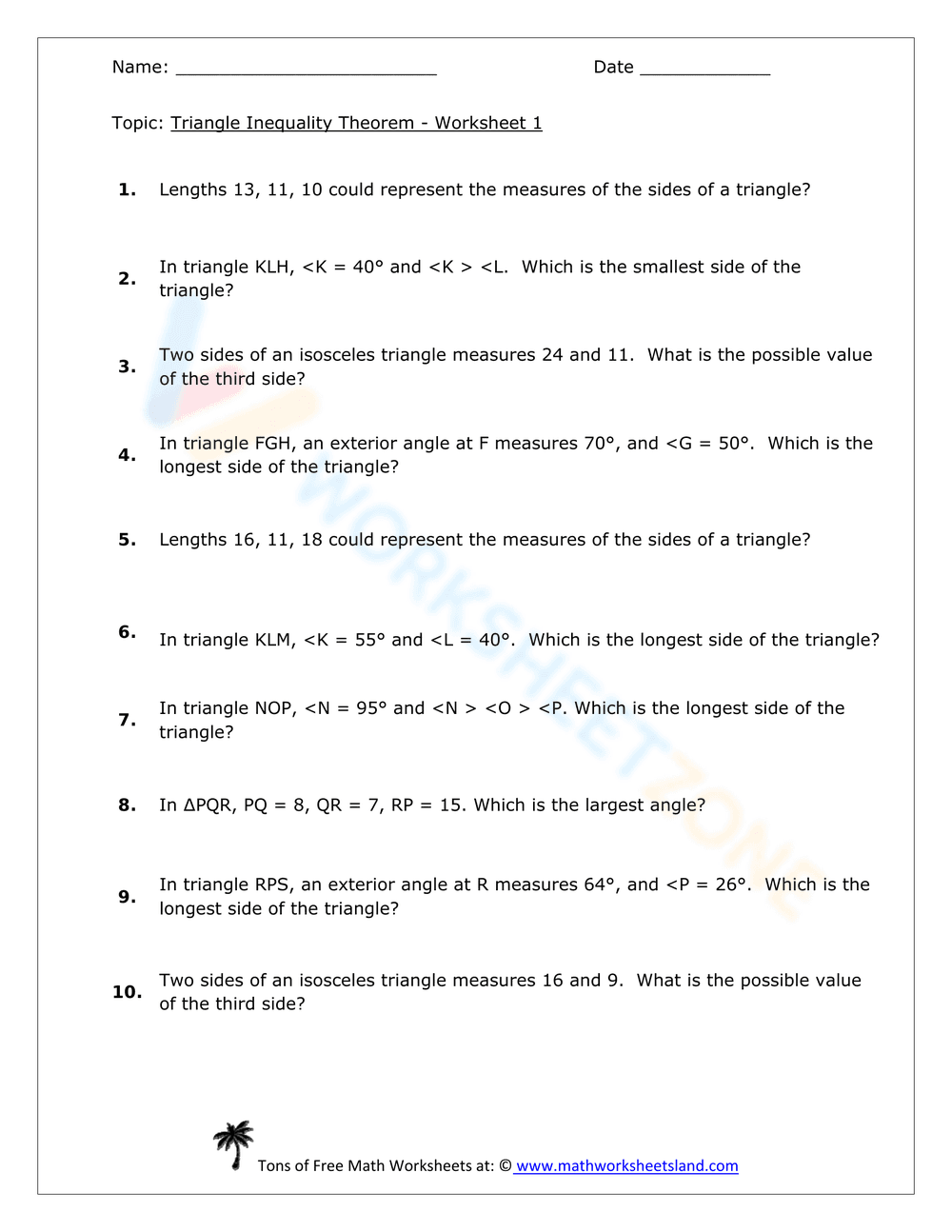Triangle Inequality Theorem Worksheet - Page 1