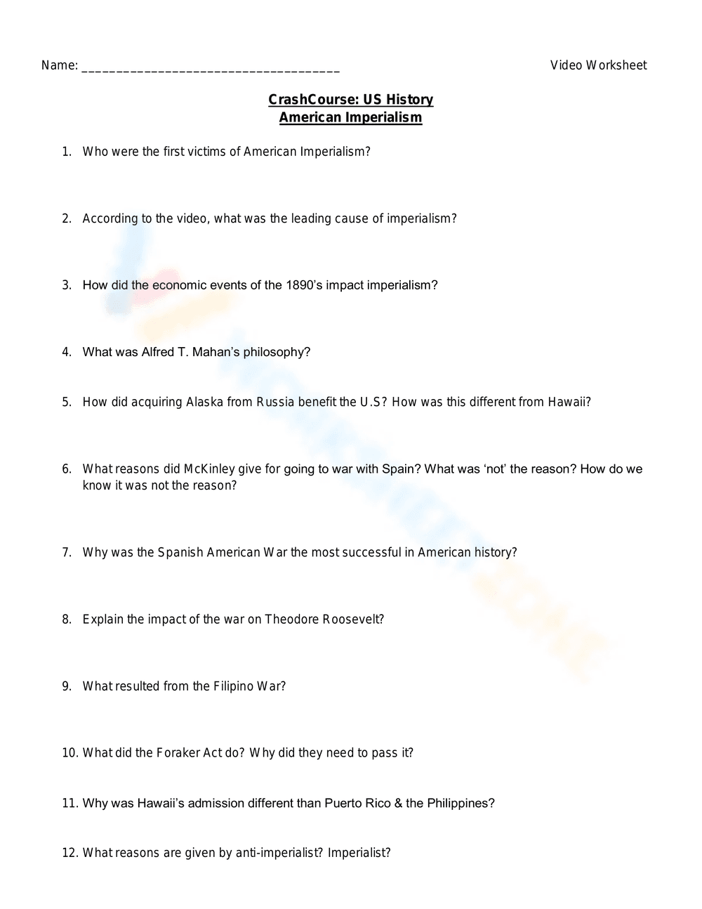 American Imperialism Worksheet: Causes and Effects - Page 1