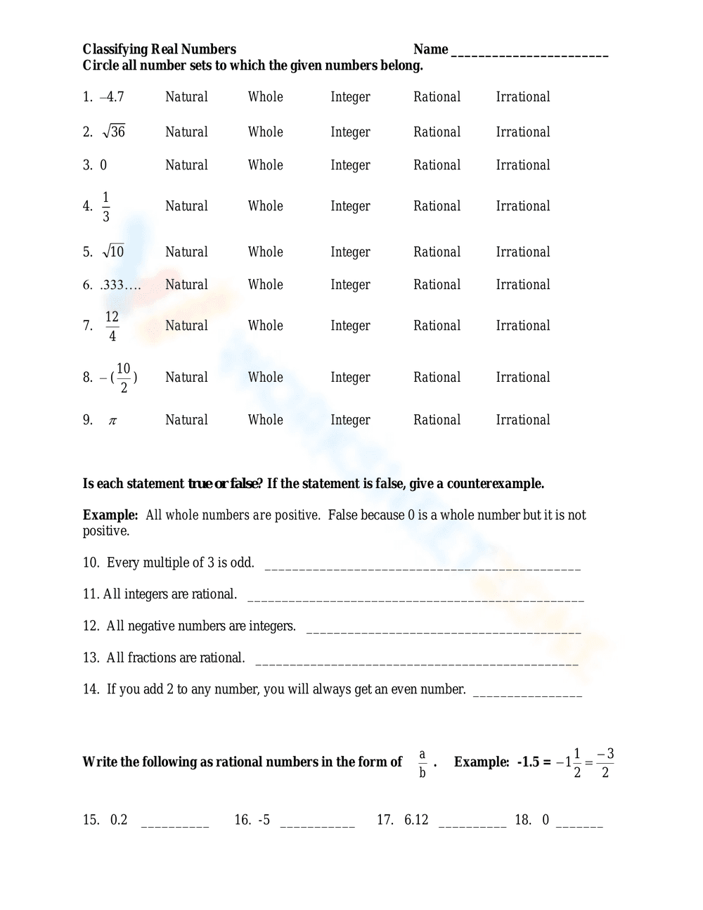 Classifying Real Numbers - Page 1