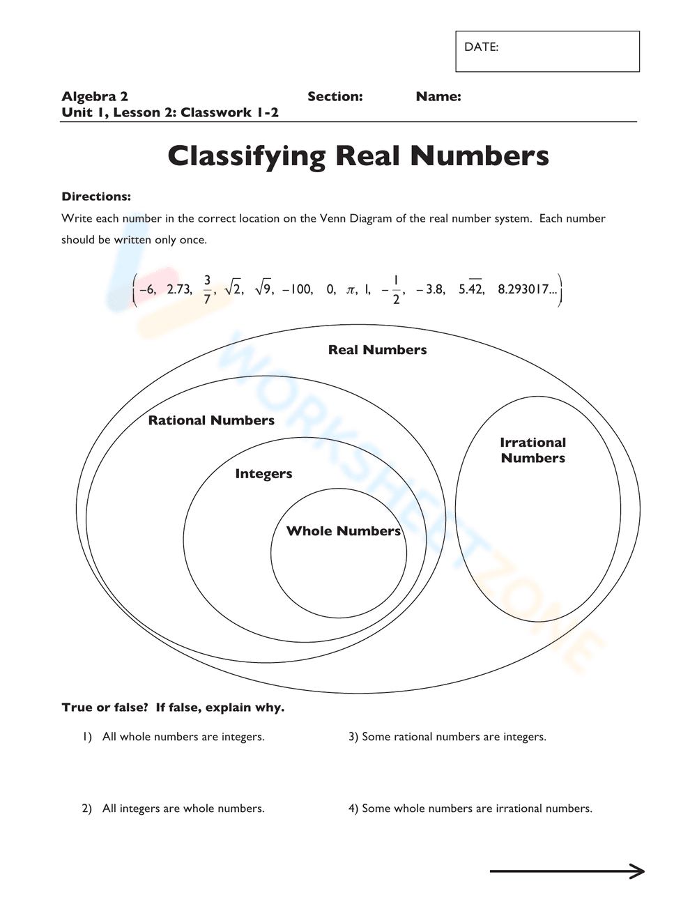 Classifying Real Numbers Worksheet - Page 1