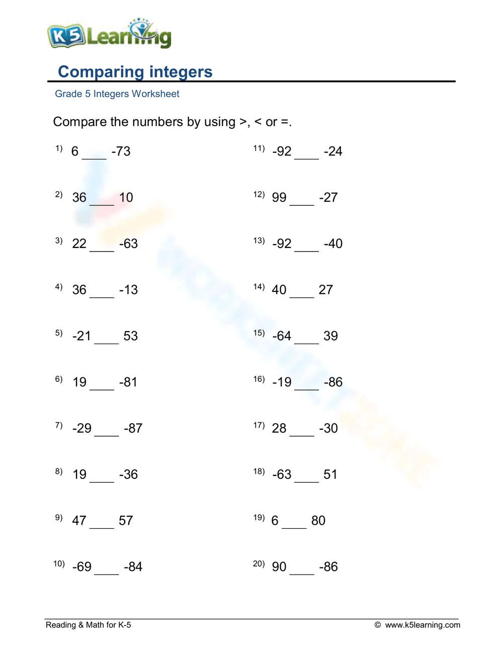 Comparing Integers - Page 1