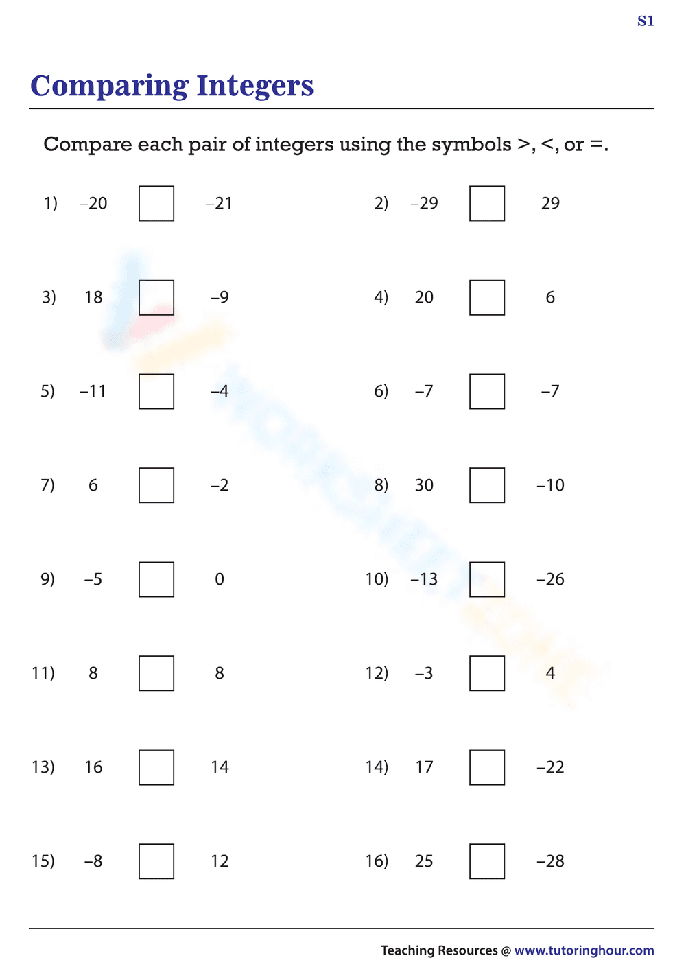 Comparing Integers Standard - Page 1