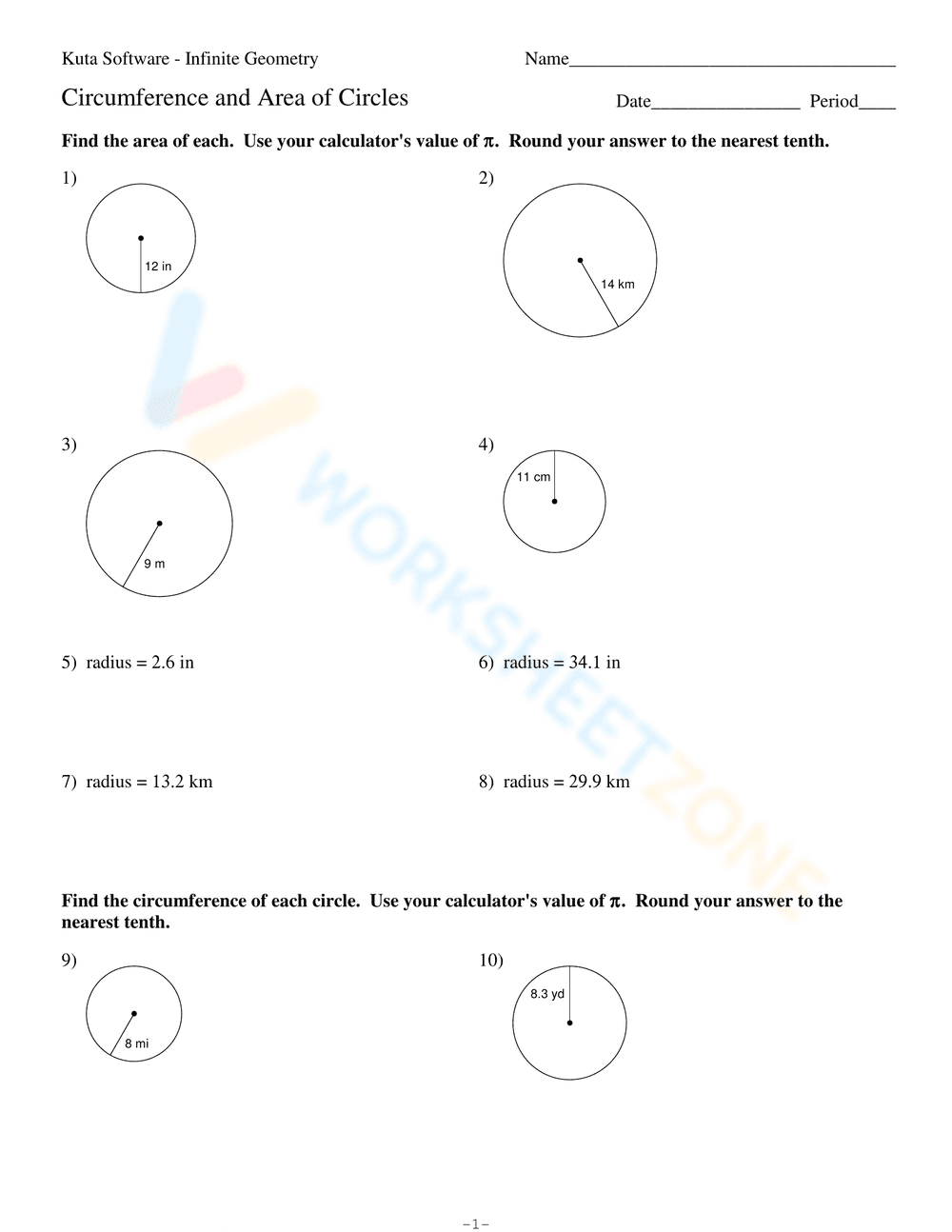Circumference and Area of Circles - Page 1
