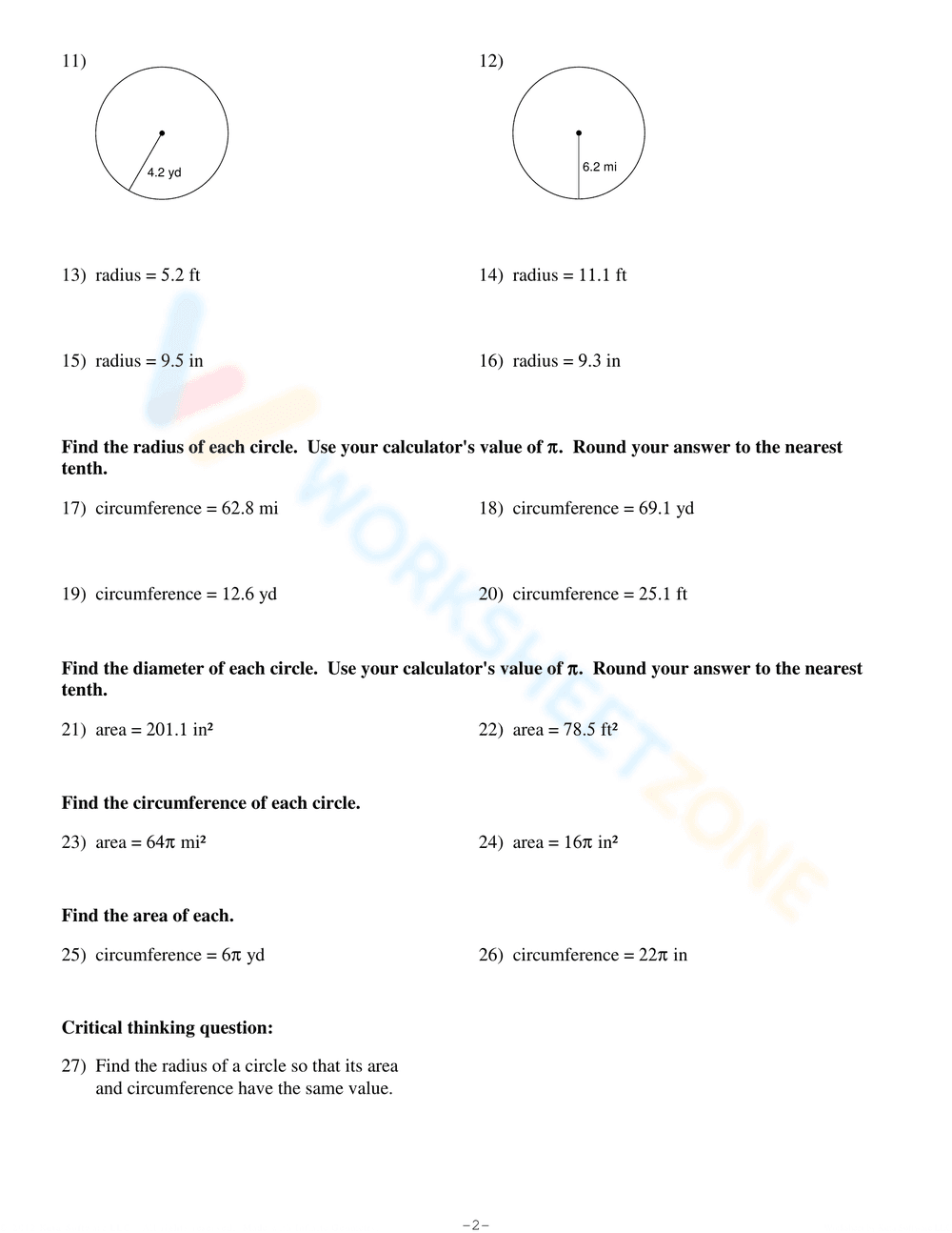 Circumference and Area of Circles - Page 2