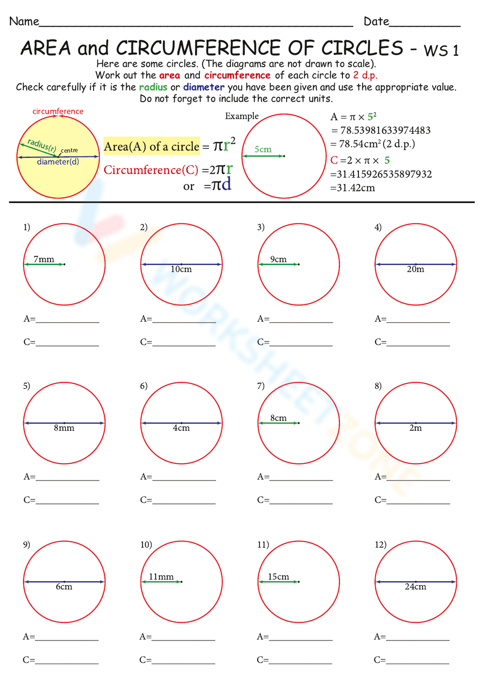 Area and Circumference of Circles - Page 1