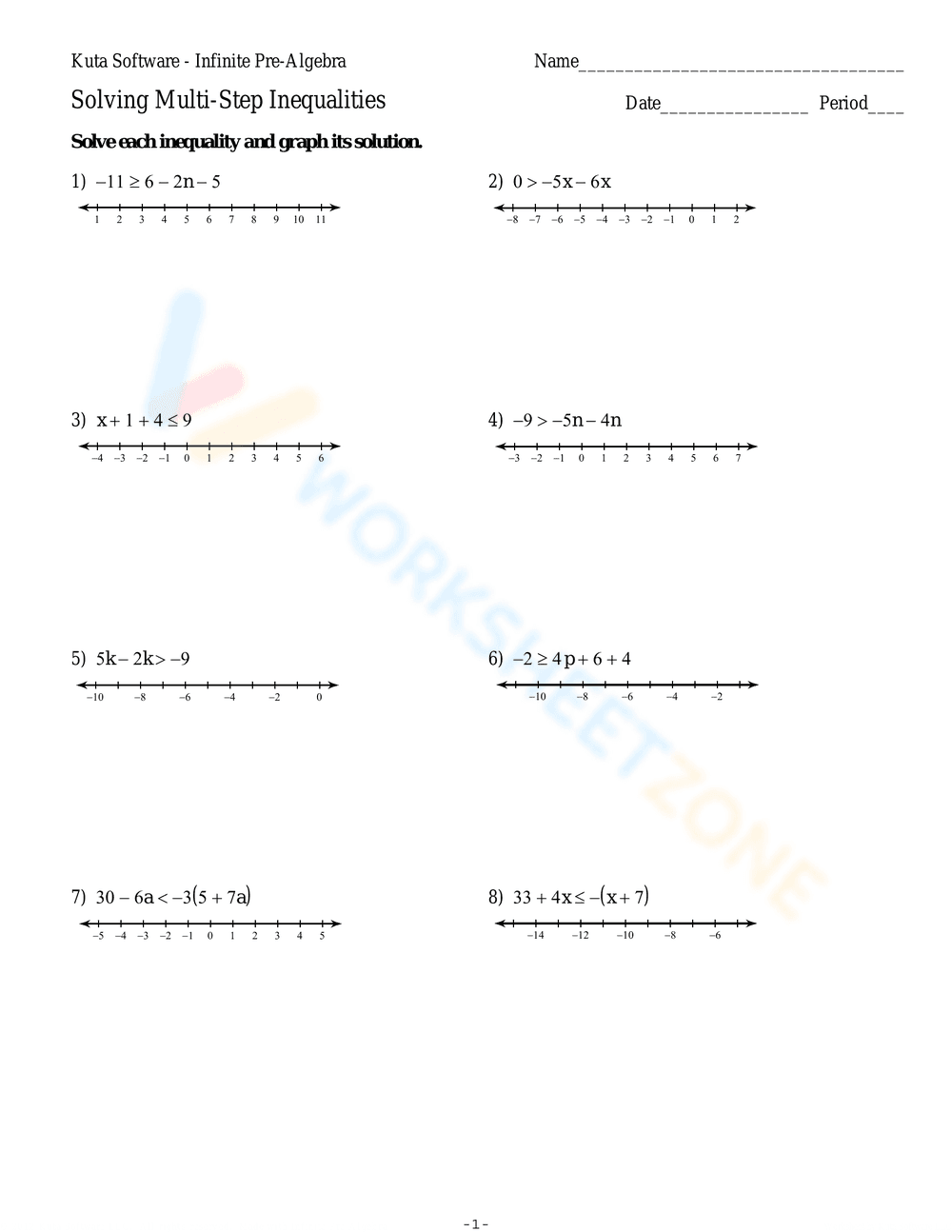 Practice Solving Multi-Step Inequalities - Page 1