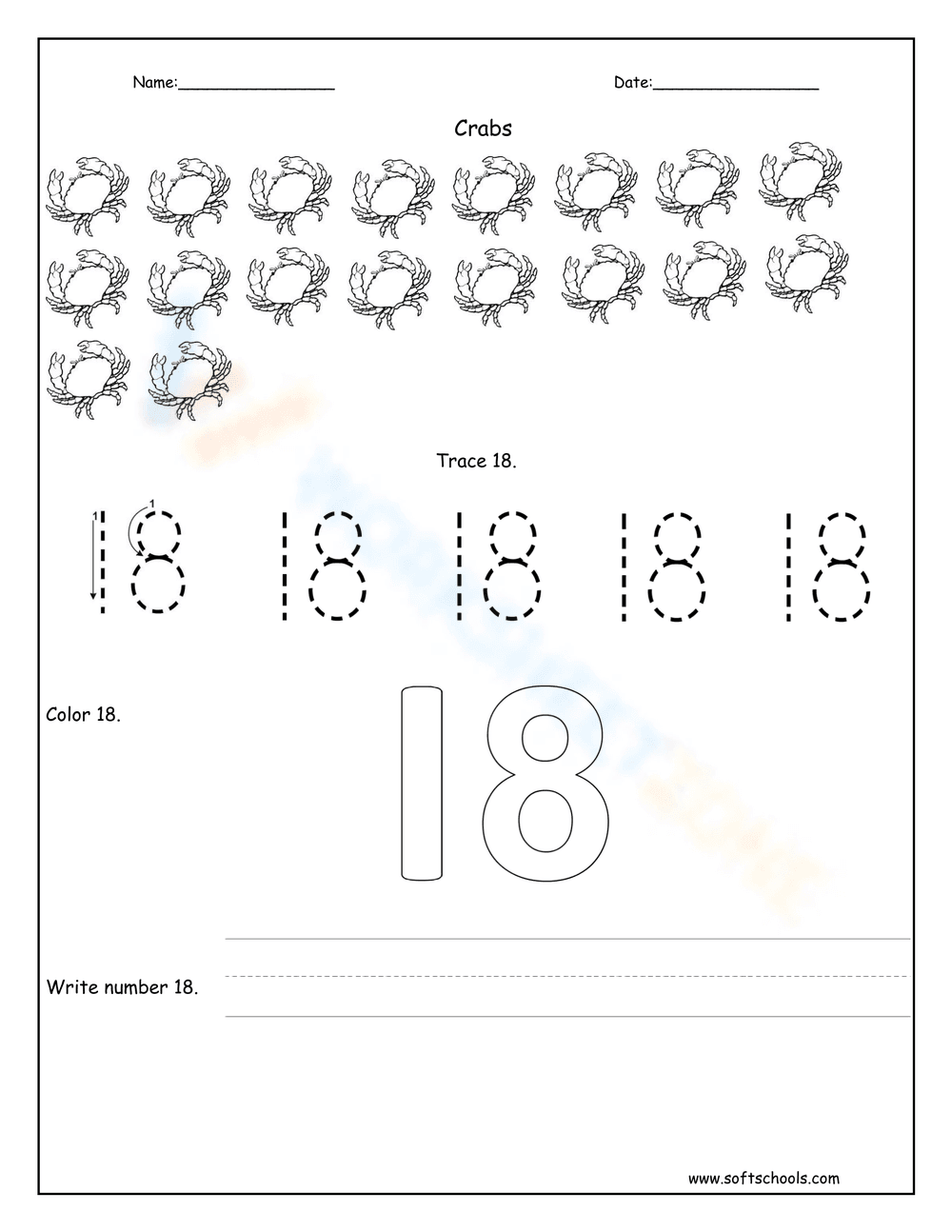Practice Writing the Number 18 - Page 1
