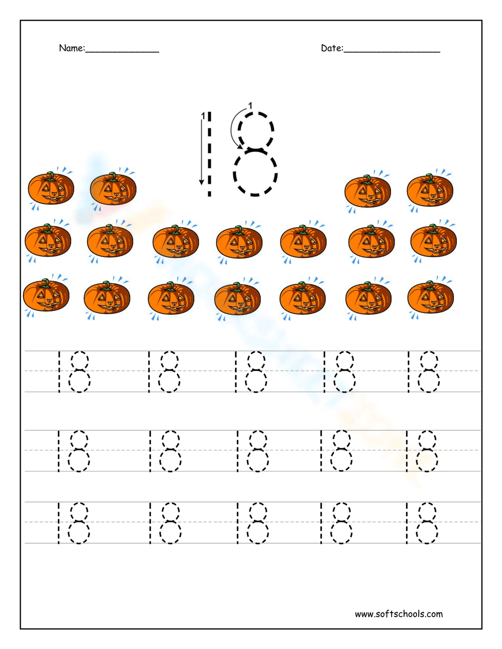 More Practice Writing Number 18 - Page 1