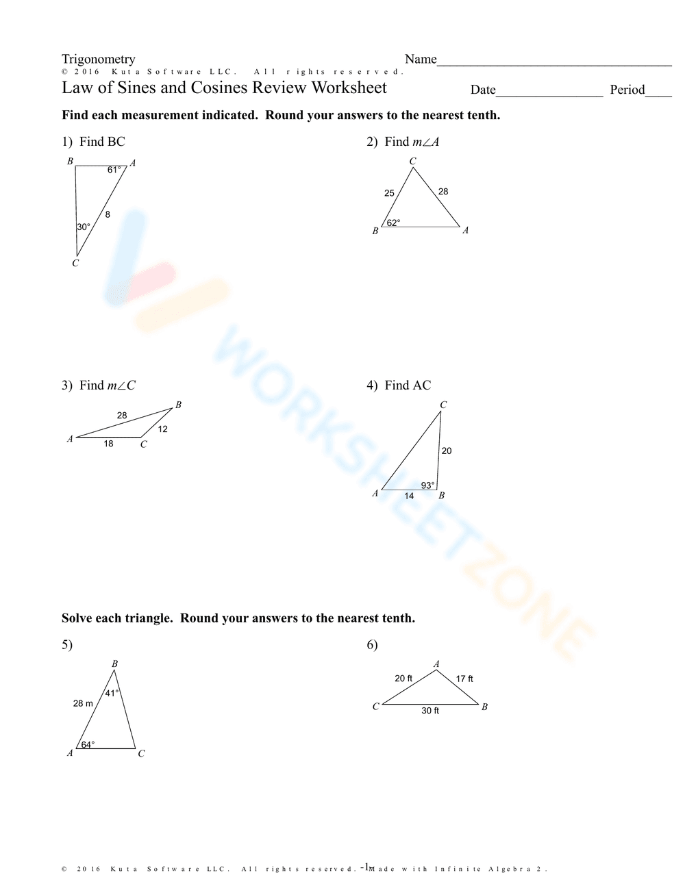 Law of Sines and Cosines Review Worksheet - Page 1