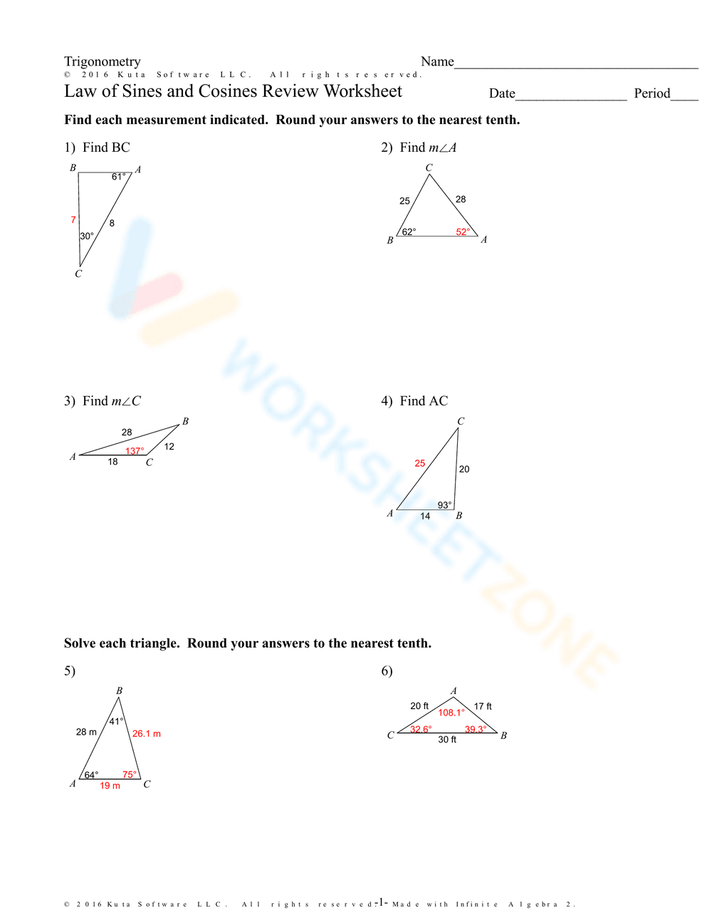 Law of Sines and Cosines Review Worksheet - Page 3