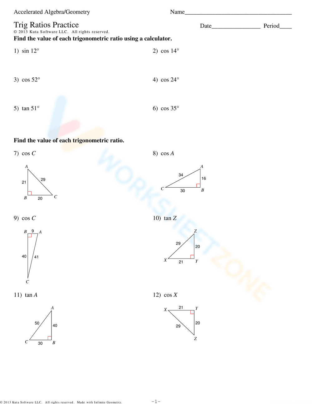 Trigonometric Ratios Practice Worksheet - Page 1