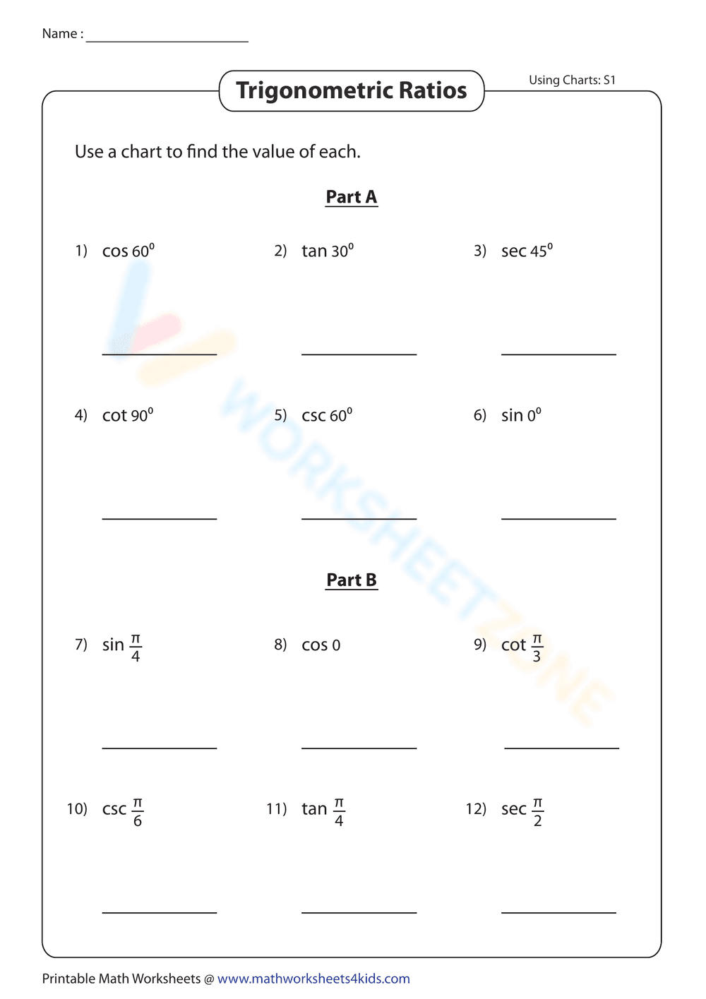 Value of Trigonometric Ratios Using Charts Worksheet - Page 1