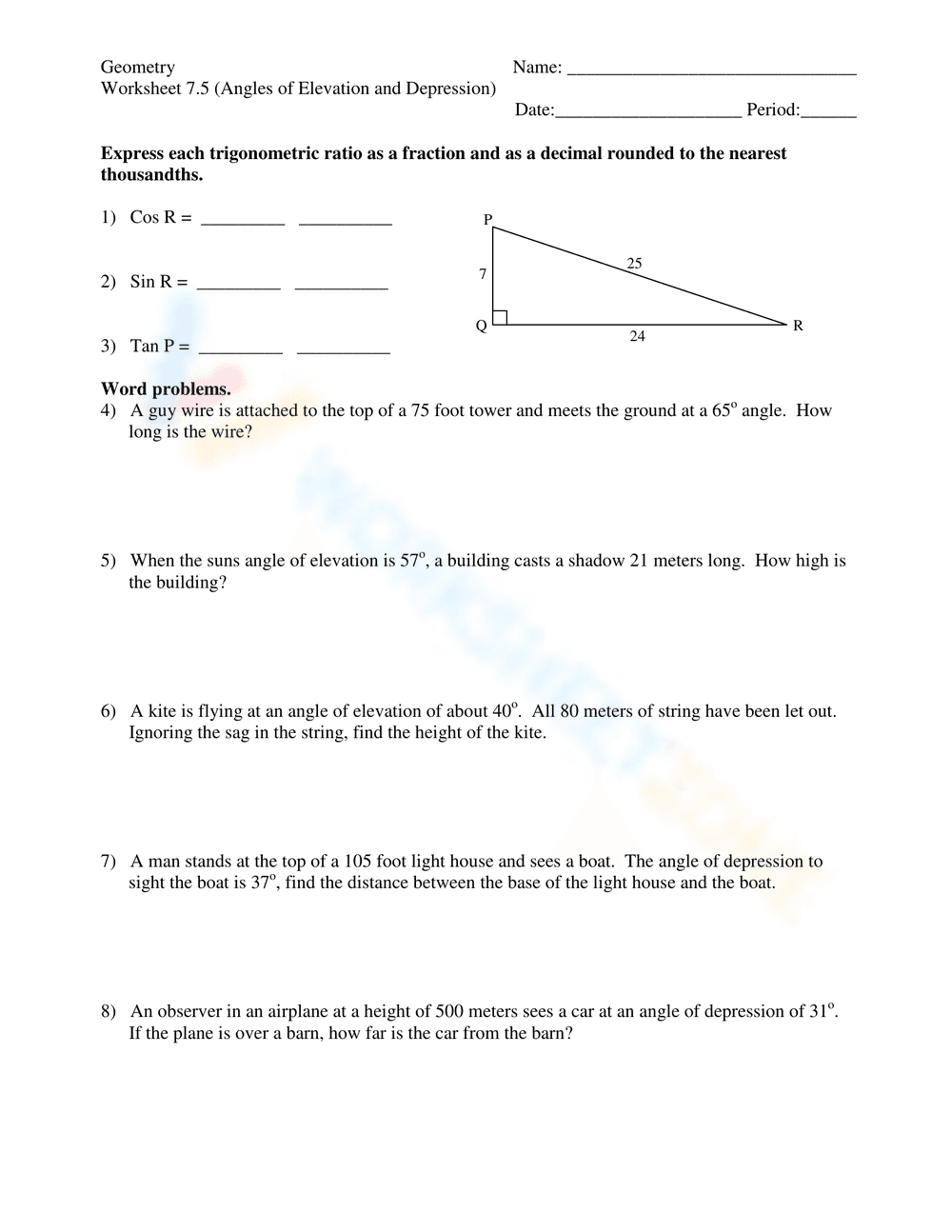 Angles of Elevation and Depression Worksheet - Page 1