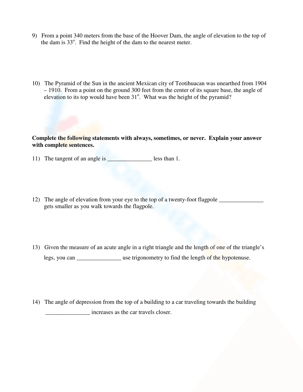 Angles of Elevation and Depression Worksheet - Page 2