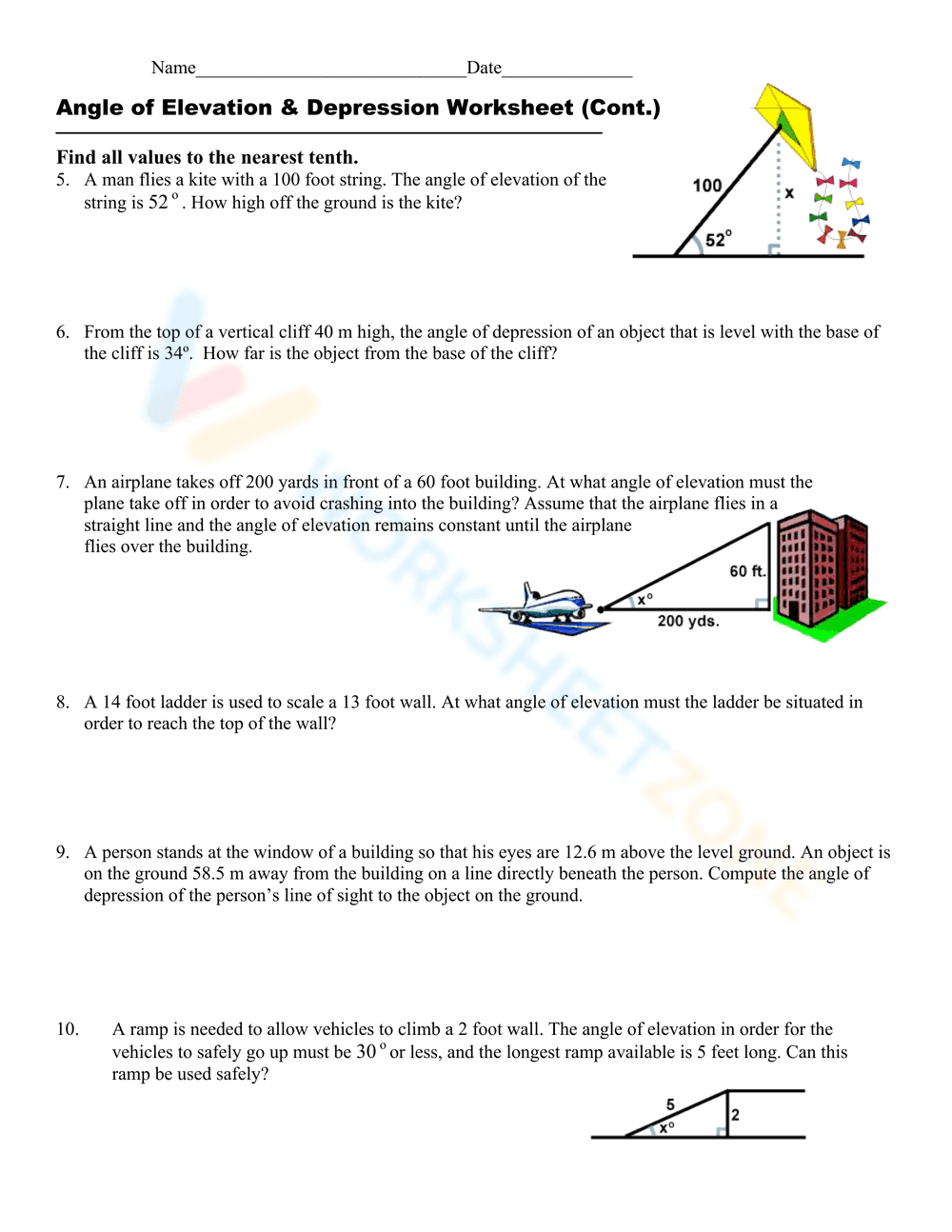 Angle of Elevation & Depression Trig Worksheet - Page 2