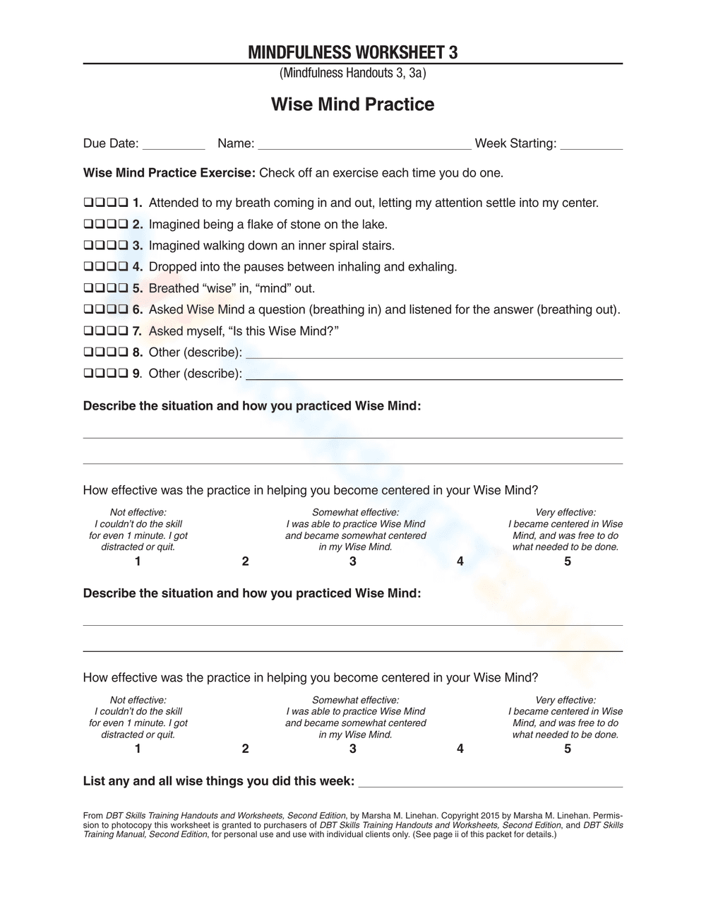 Wise Mind Practice Worksheet for Emotional Balance - Page 1