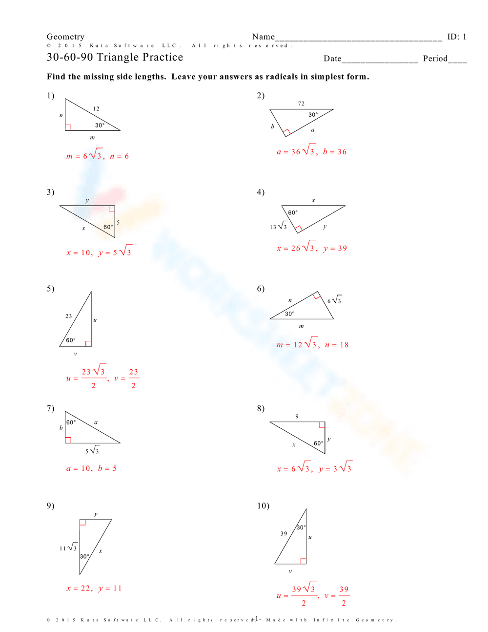 30-60-90 Triangle Practice Worksheet - Page 2
