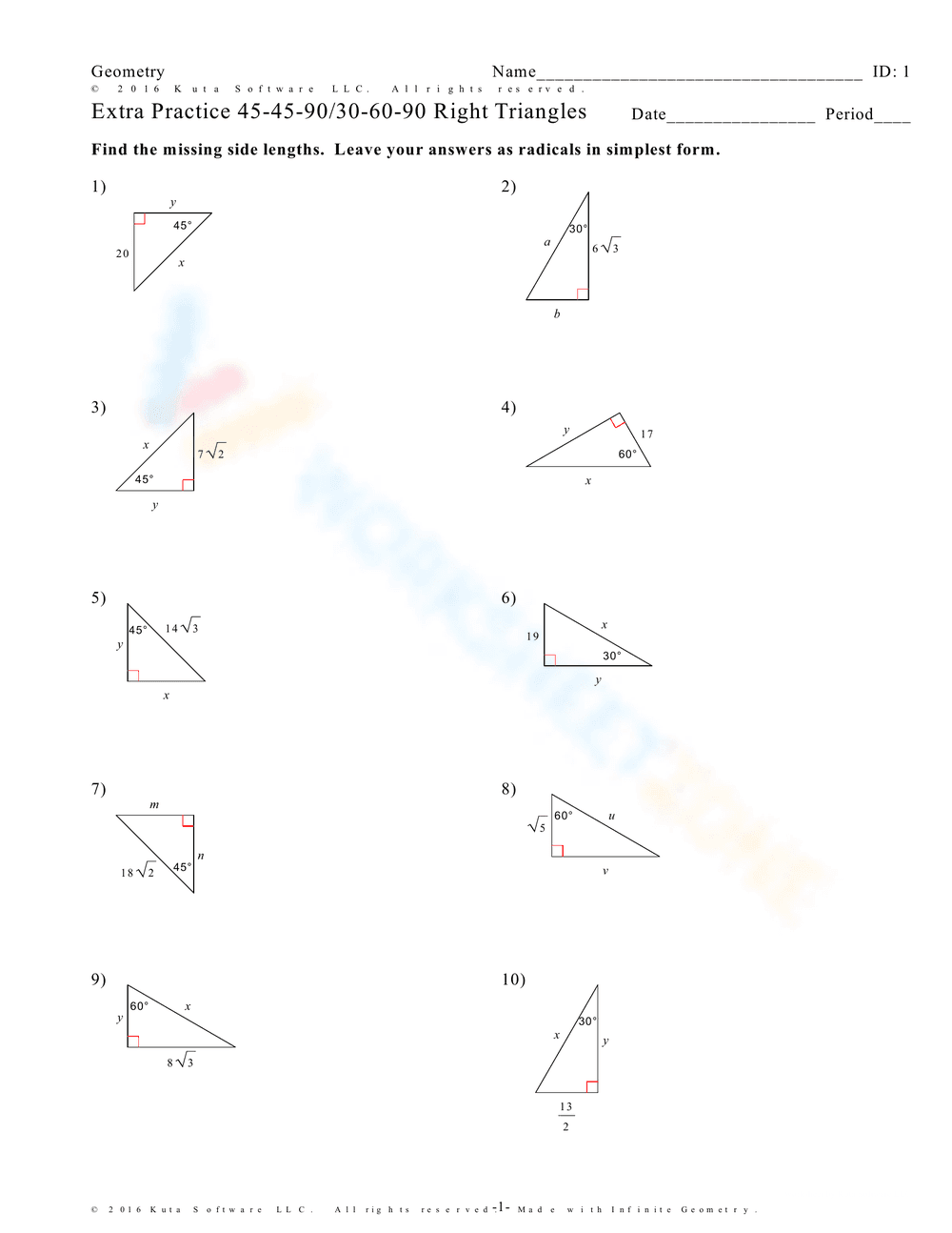 45-45-90 and 30-60-90 Right Triangles Practice - Page 1