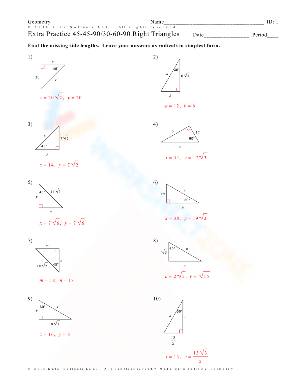 45-45-90 and 30-60-90 Right Triangles Practice - Page 2